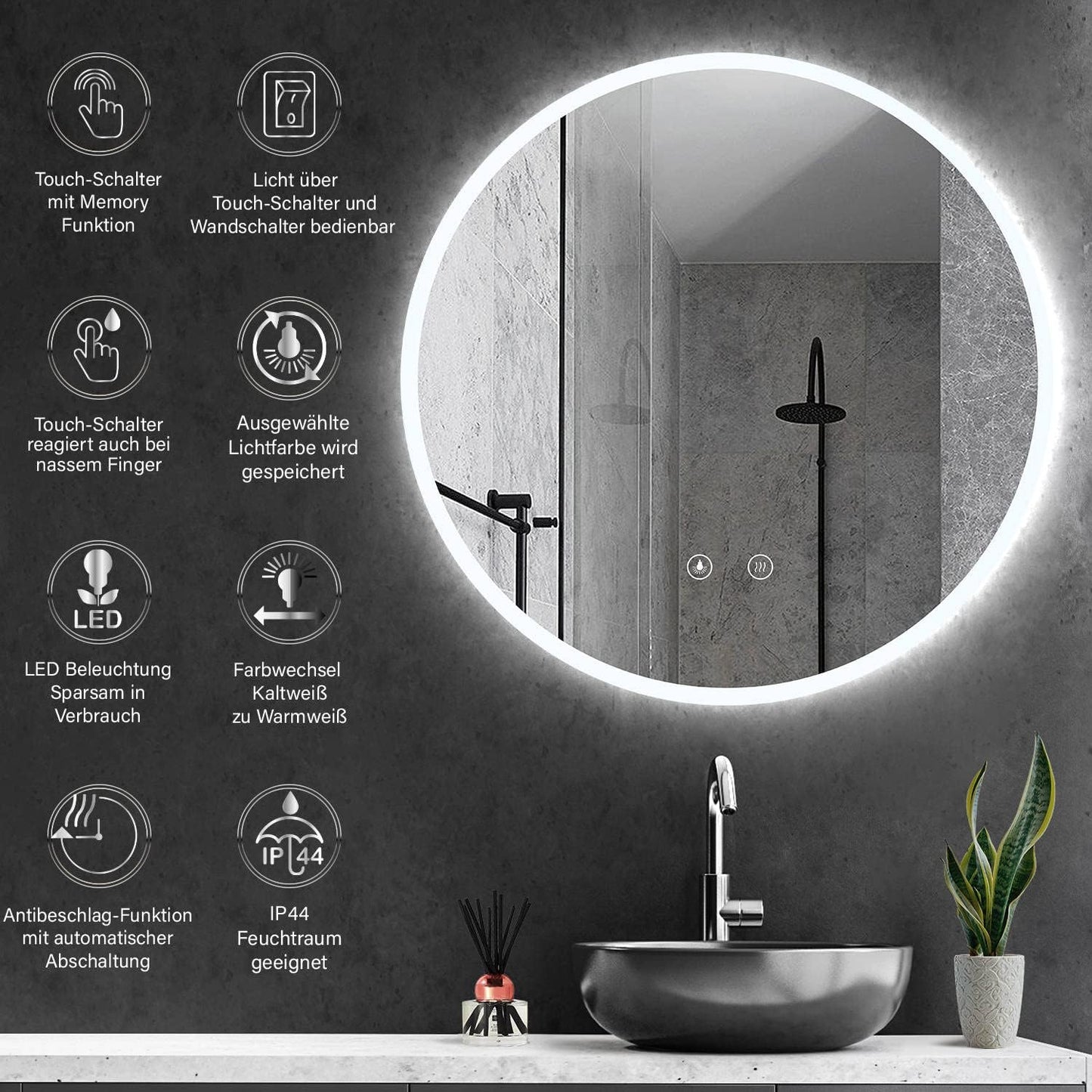 LED-Spiegel, 60 cm, rund, 60cm Rund mit Antibeschlag