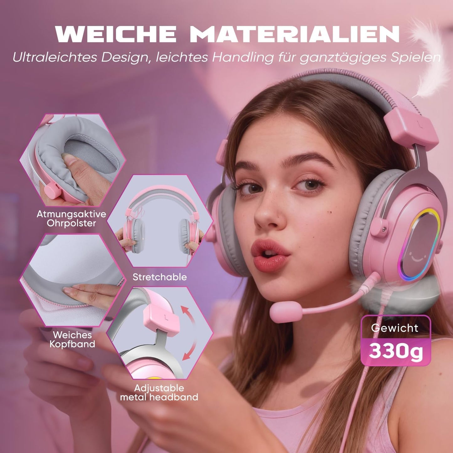Gaming Headset mit Mikrofon, new pink
