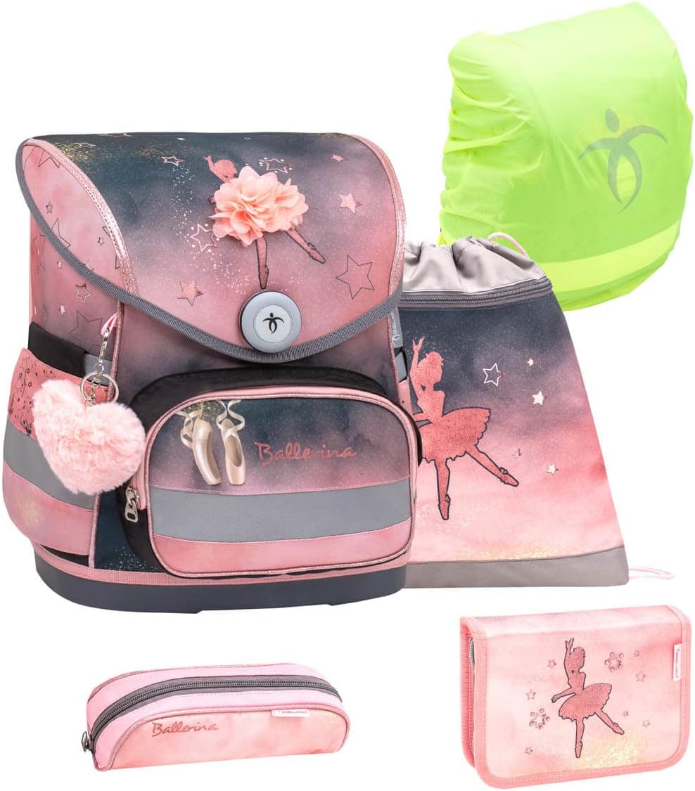 5-teiliges ergonomisches Schulranzen-Set mit Regenschutz, Ballerina Black Pink