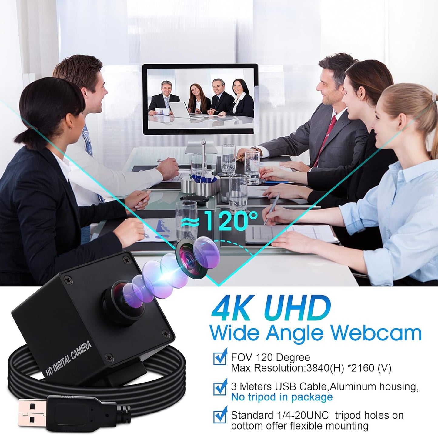 4K Ultra HD Weitwinkel-Webcam mit 170° Objektiv, 170 Grad Objektiv mit BOX