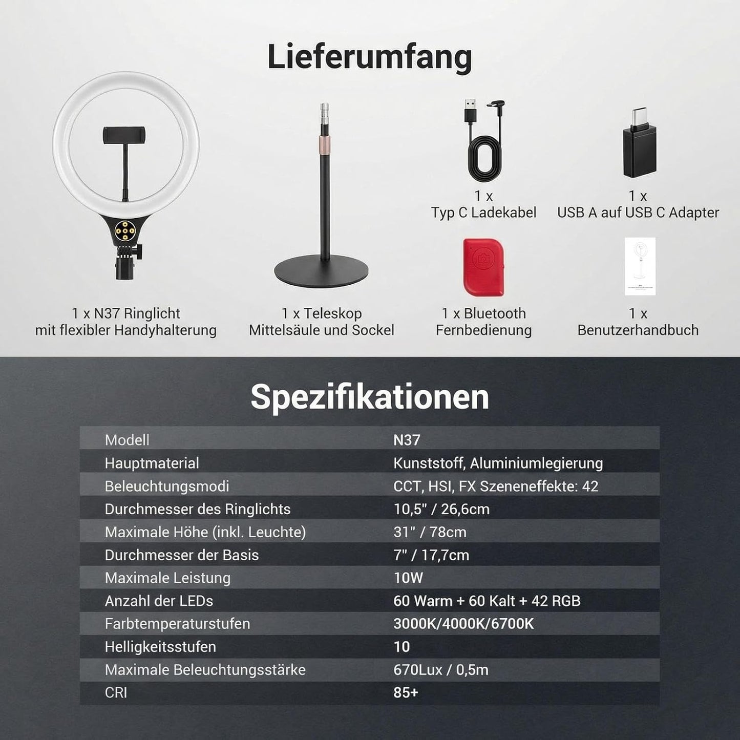 N37 RGB Ringlicht mit Ständer und Handyhalterung, Schwarz 10,5" RGB mit rundem Sockel