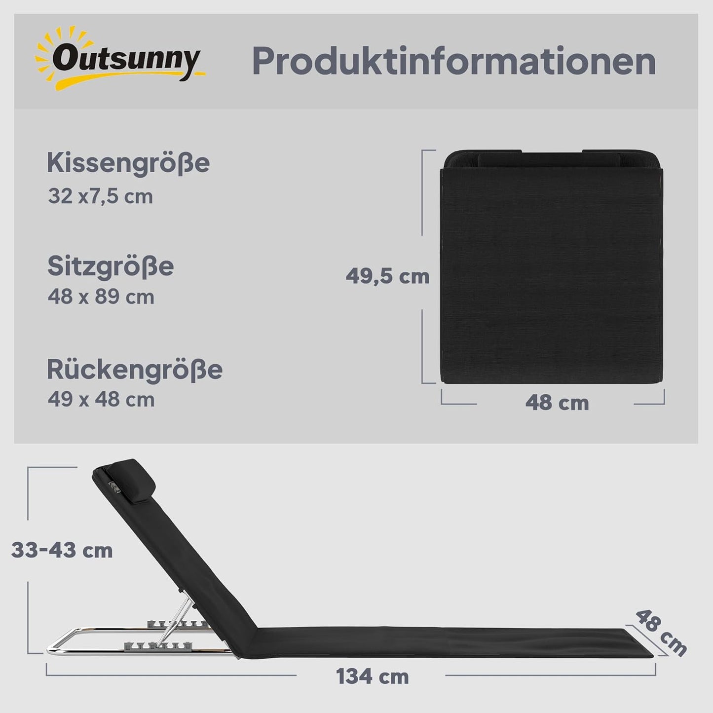2 x Sonnenliegen mit verstellbarer Rückenlehne, Schwarz