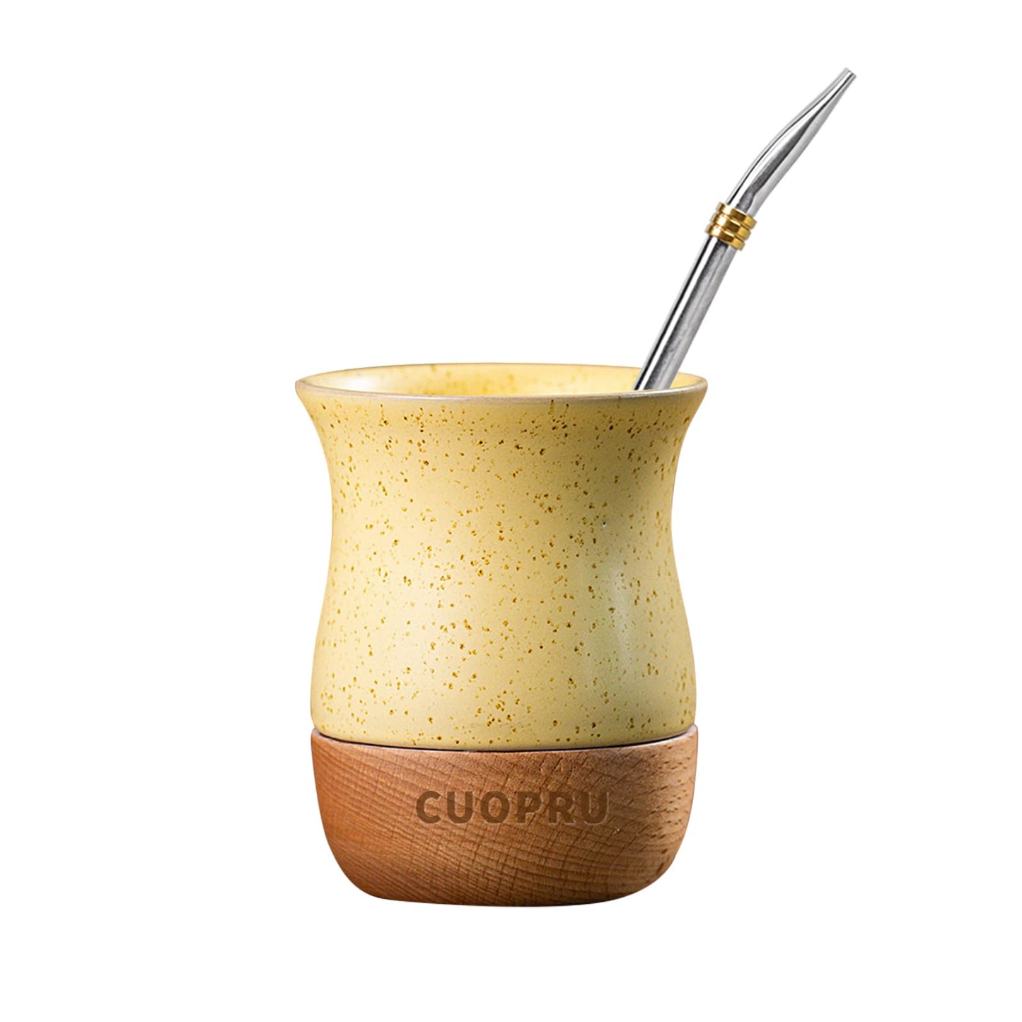 Yerba Mate Keramiktasse mit Holzsockel, Gelb
