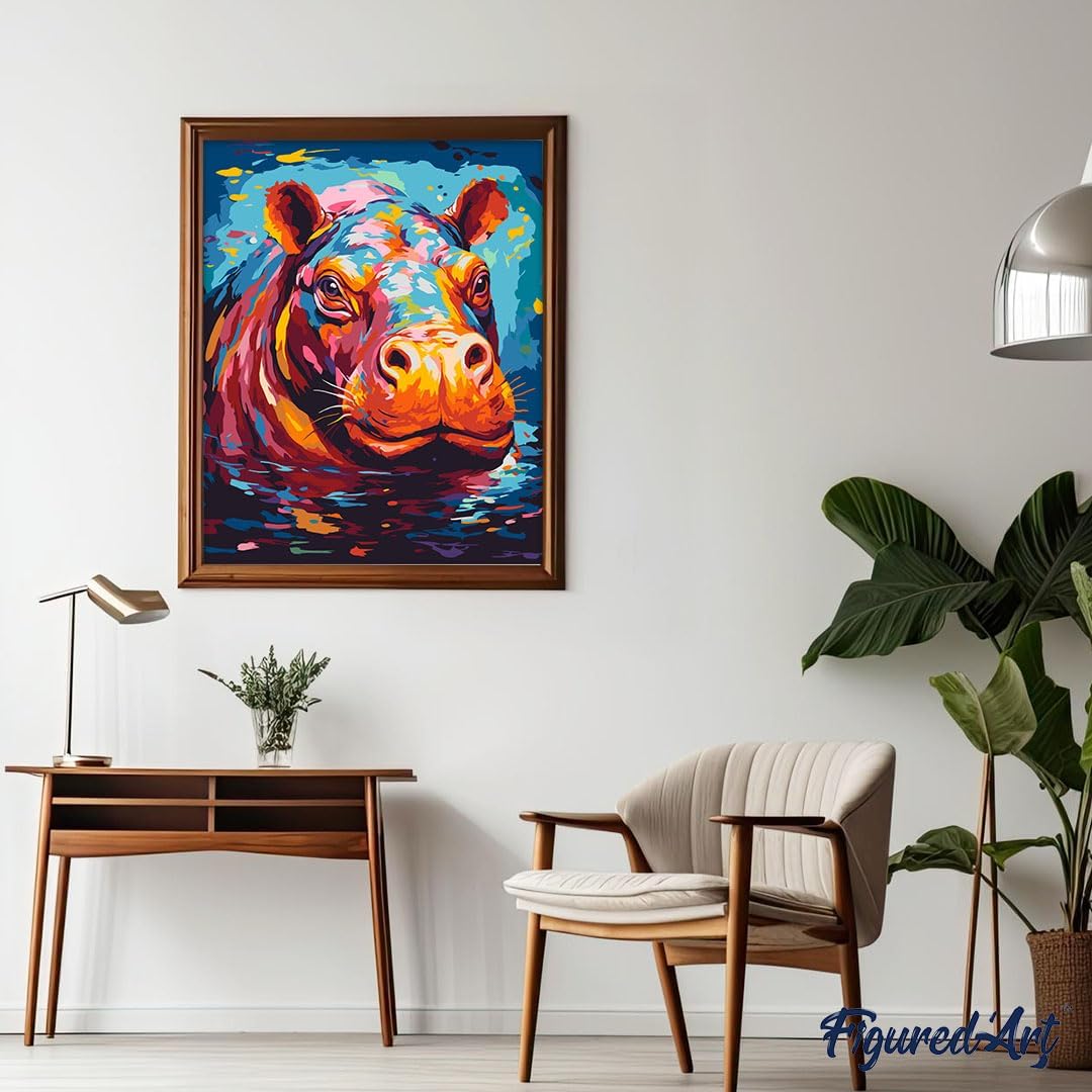 Malen nach Zahlen Set Flusspferd Farbenfroh Abstrakt, Flusspferd Farbenfroh Abstrakt 40x50cm Mit Rahmen (bereits gespannt)