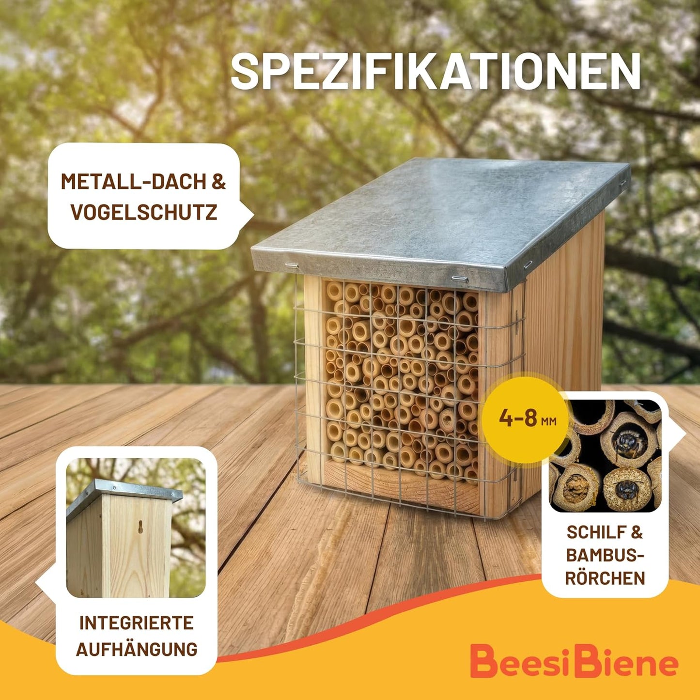 Bienenhotel mit Metalldach & Schutzgitter, Bambus & Schilf + Metalldach