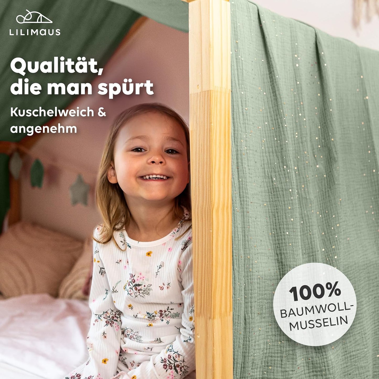 Hausbett-Betthimmel, Eukalyptus mit Gold 135 x 420cm