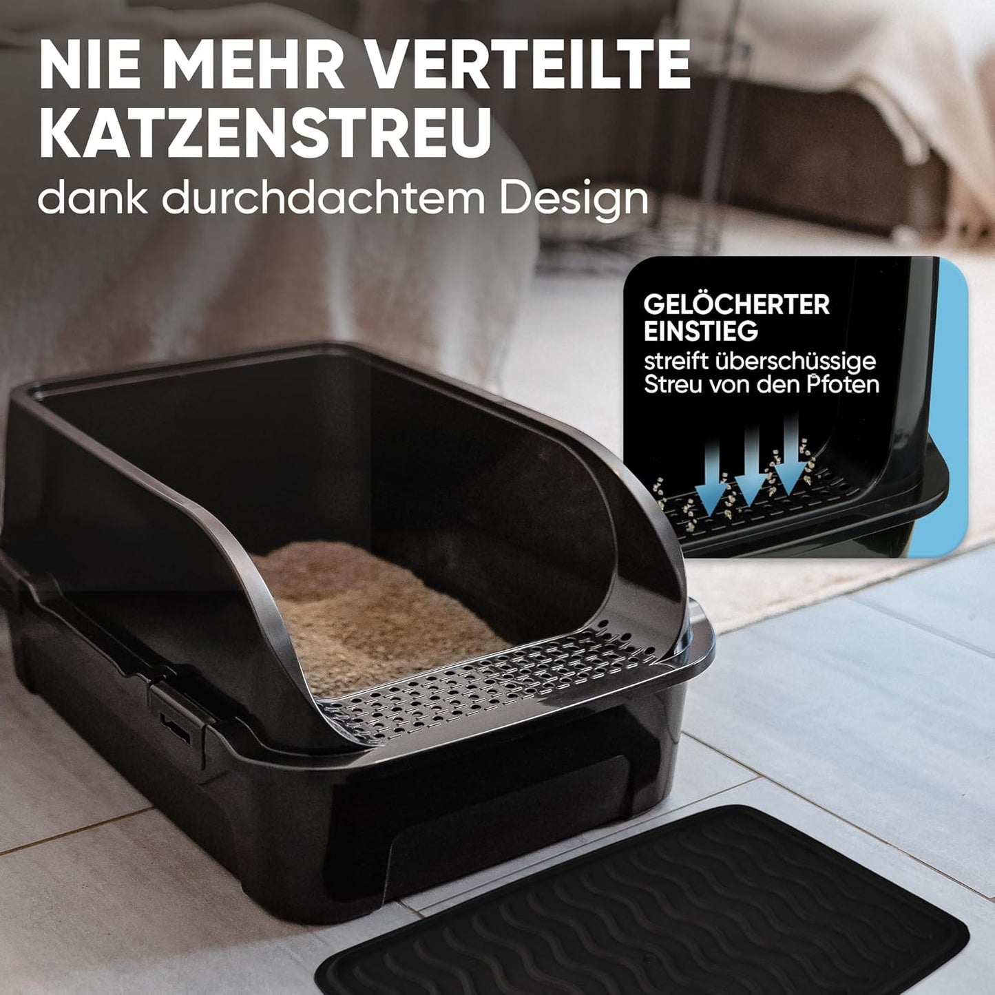 Katzentoilette mit hohem Rand, Schaufel und Streumatte, offen schwarz