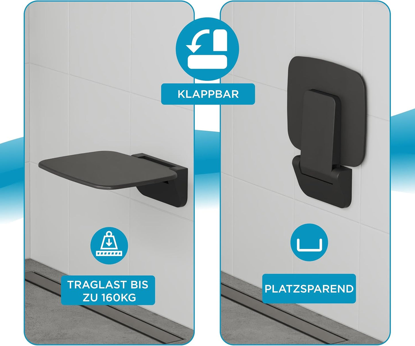 Klappbarer Duschsitz zur Wandmontage (bis 160 kg), Schwarz Duroplast