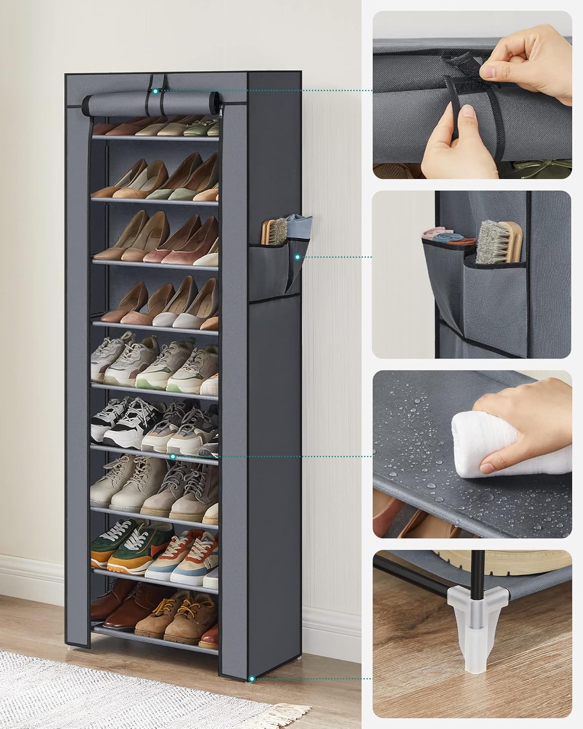 Schuhregal mit 10 Ebenen und staubdichter Abdeckung, 10 Ebenen (58B cm) Grau