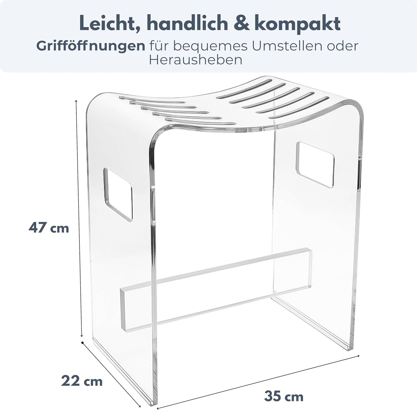 Duschhocker aus Acryl mit Ablauf-Schlitzen, 43 cm hoch, Duschhocker