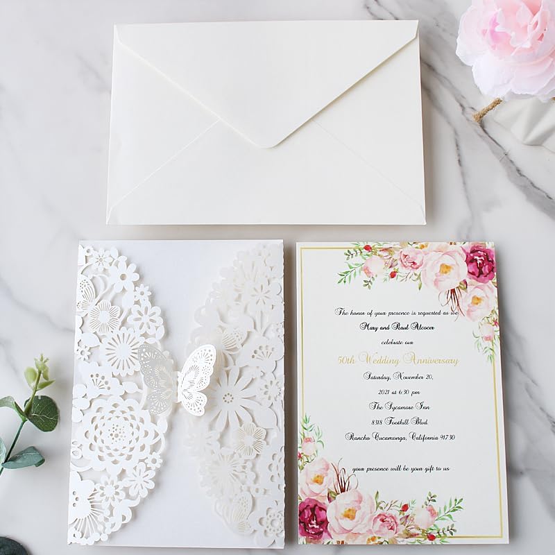 Hochzeit Einladungskarten mit Schmetterling, Spitze und Umschlägen, 20 Stück Leeres Papier Elfenbein