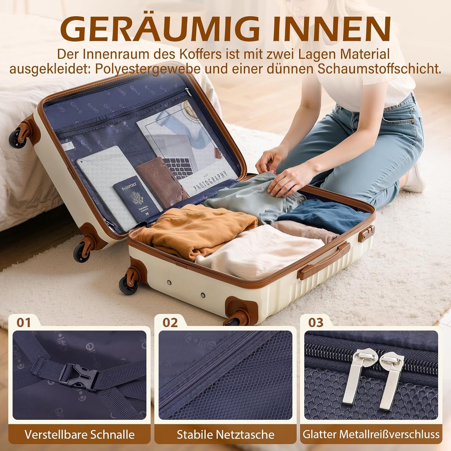 Kofferset 3-teilig mit Reisetasche & Kulturtasche, Handgepäck-Set 3tlg Blau/Braun