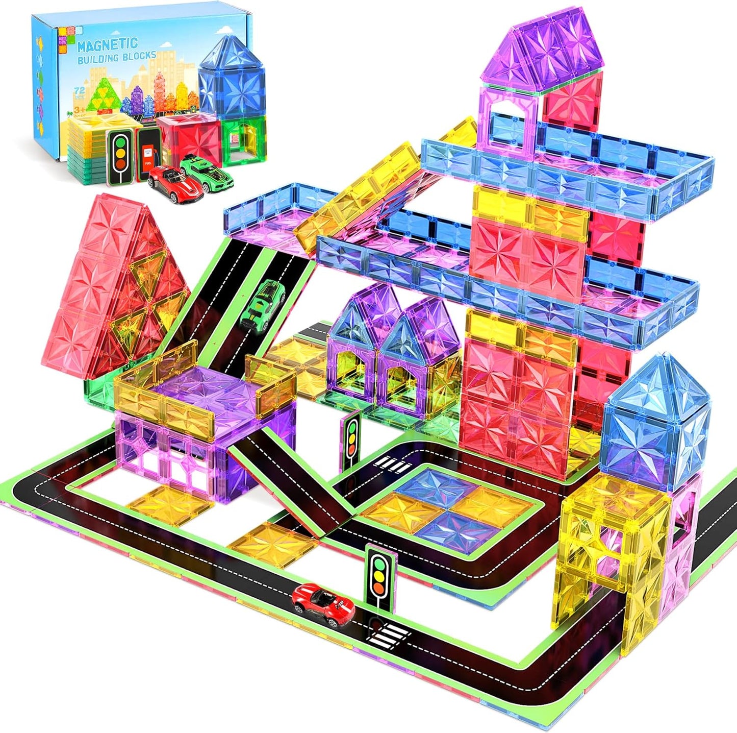 Magnetische Bausteine-Set mit 2 Autos, Rainbow Colours