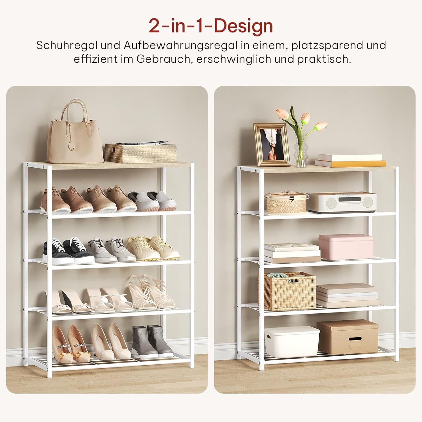 Schuhregal mit 4 Ebenen, 63 x 83 x 30 cm Helle Eiche + Weiß