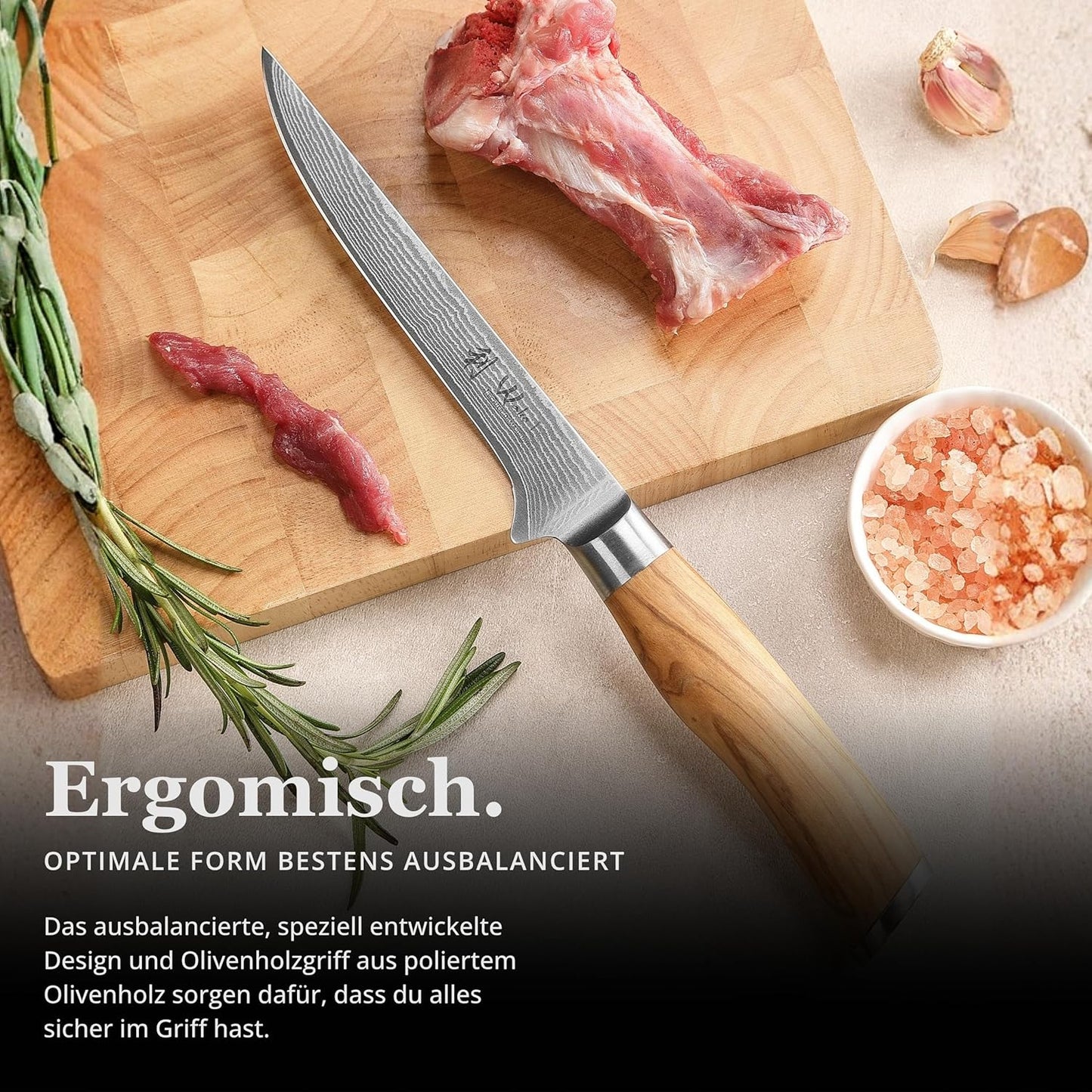 Damast-Ausbeinmesser mit Olivenholzgriff, Ausbeinmesser
