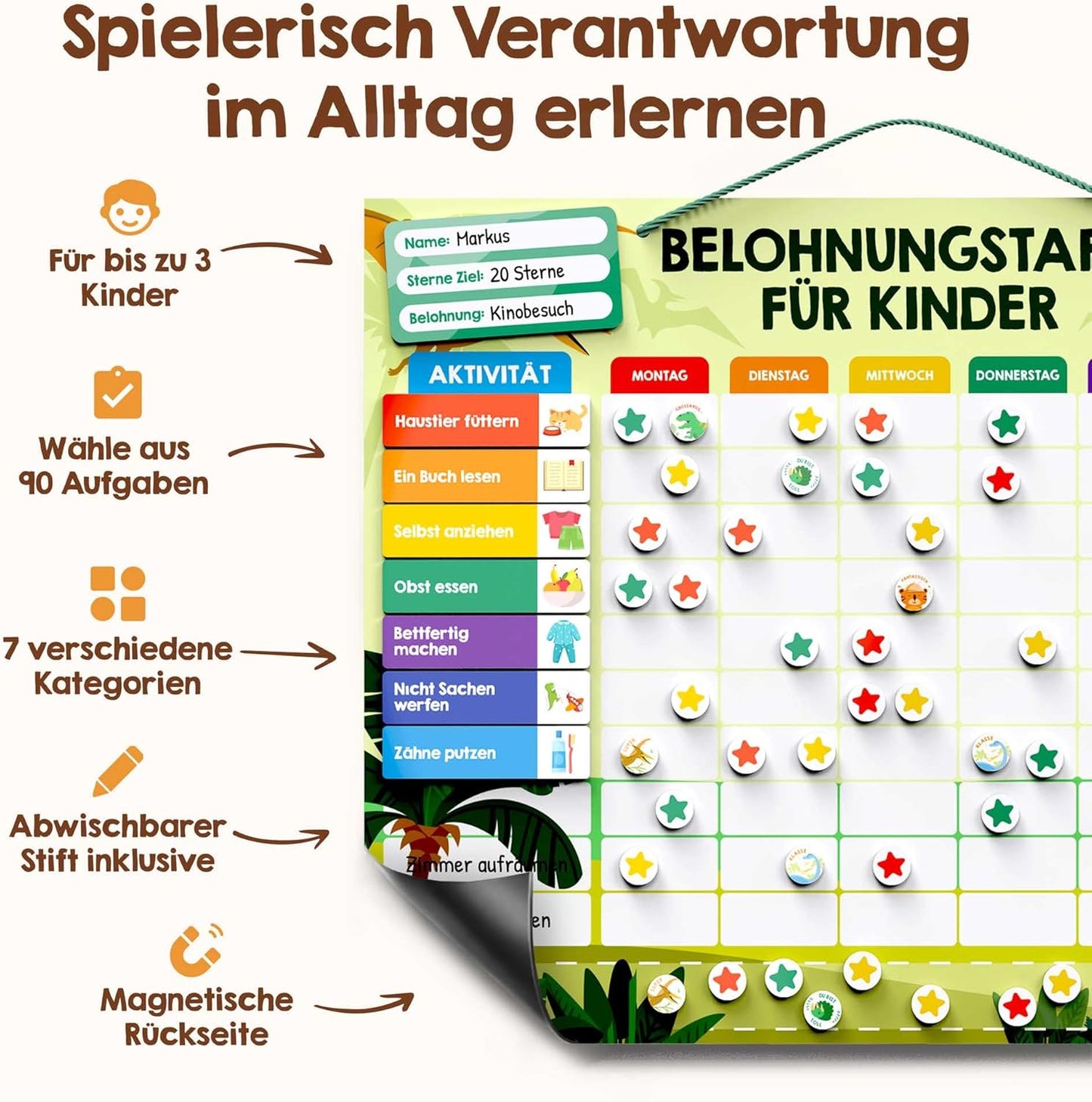 Belohnungstafel für Kinder mit 350 Magneten, Dinosaurier