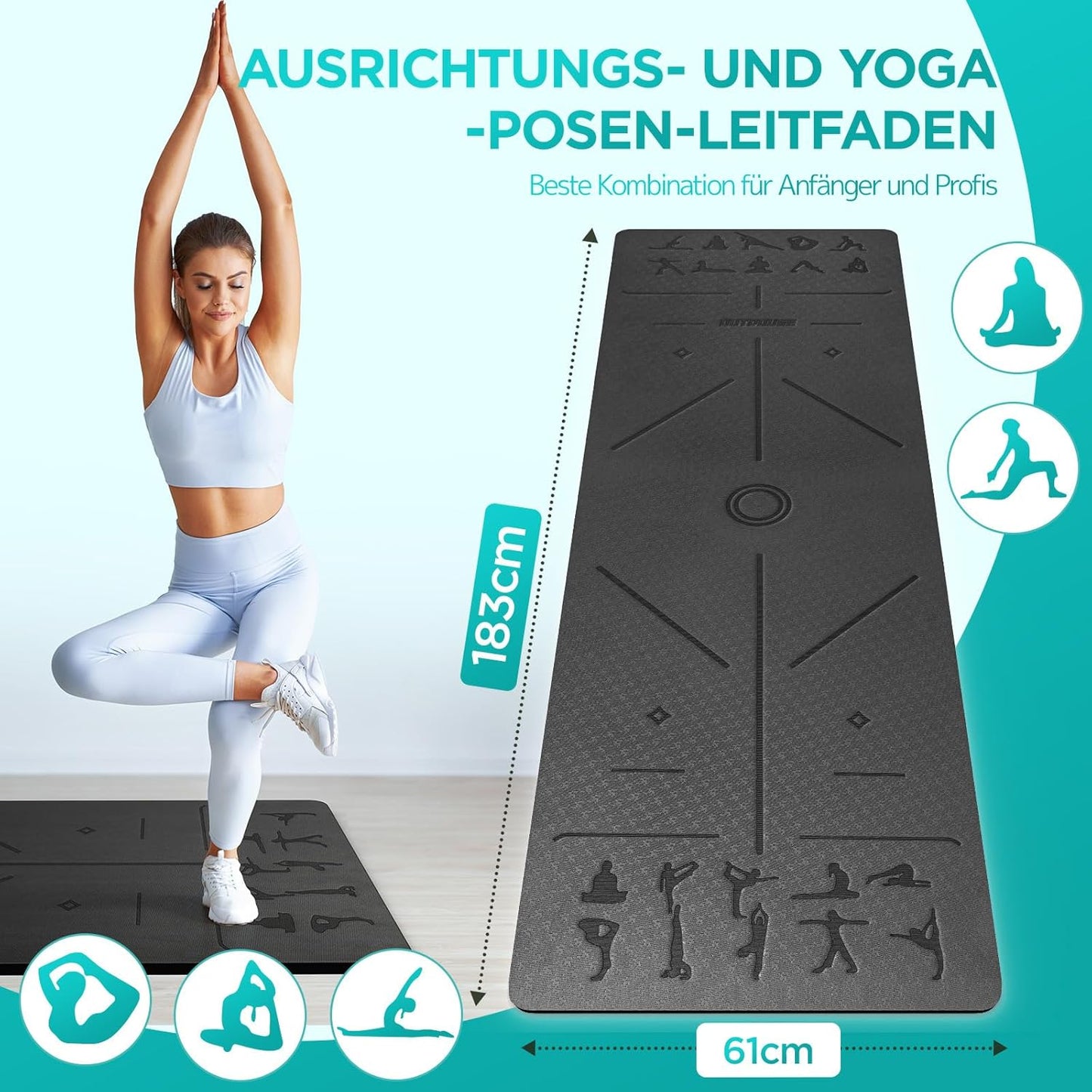 Yoga- und Gymnastikmatte, Schwarz 183x61x0.6cm