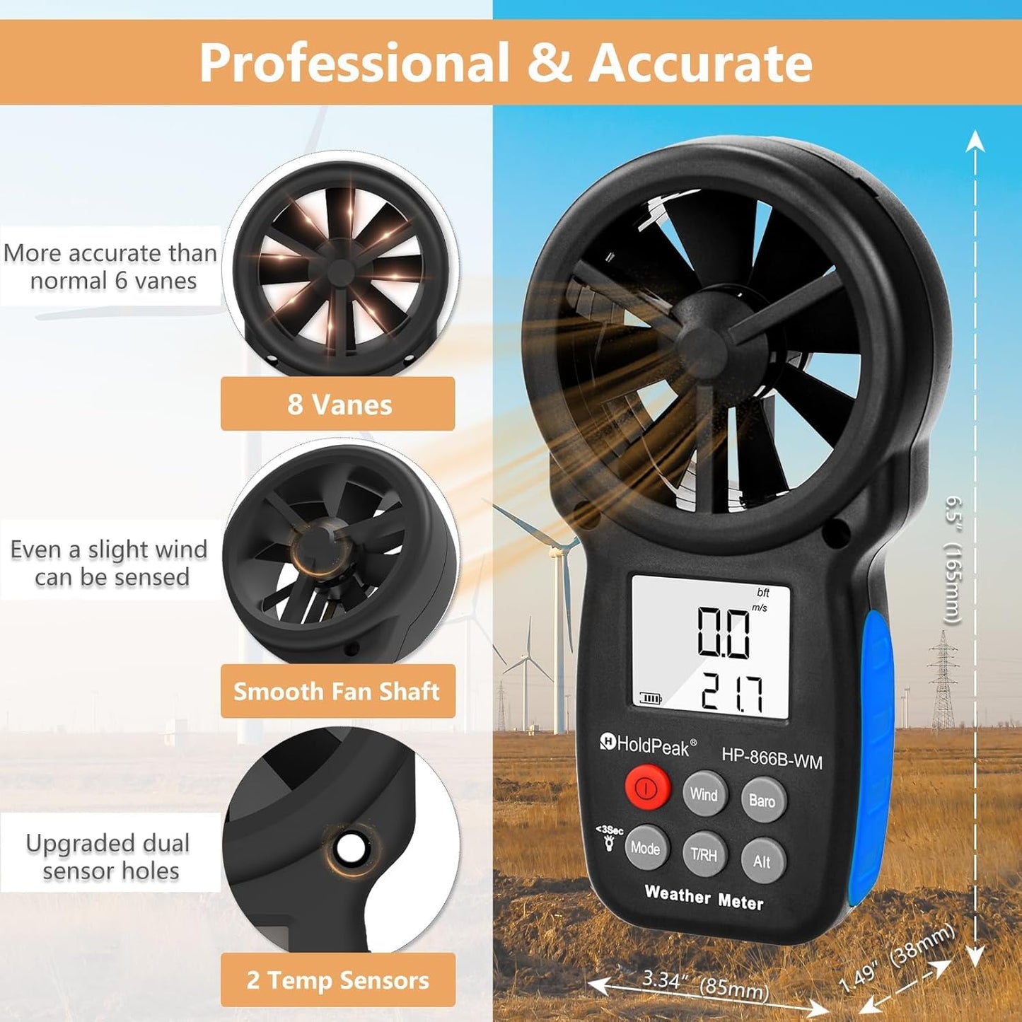 Digitales Anemometer für Windgeschwindigkeit & Temperatur, 2-Anemometer Messung des atmosphärischen Drucks