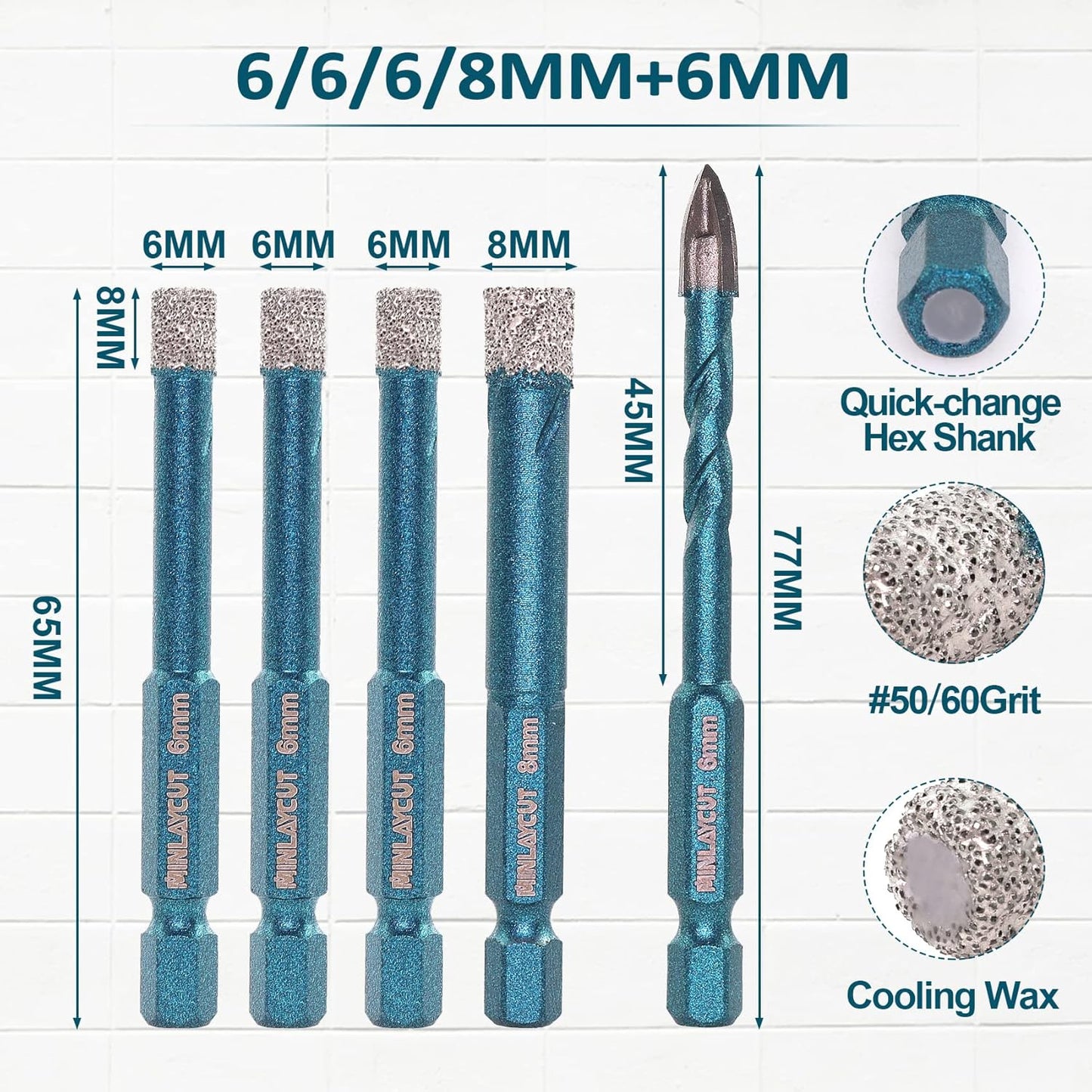 Diamantbohrer-Set für Fliesen, 5 stücke 6/6/6/8mm+6mm