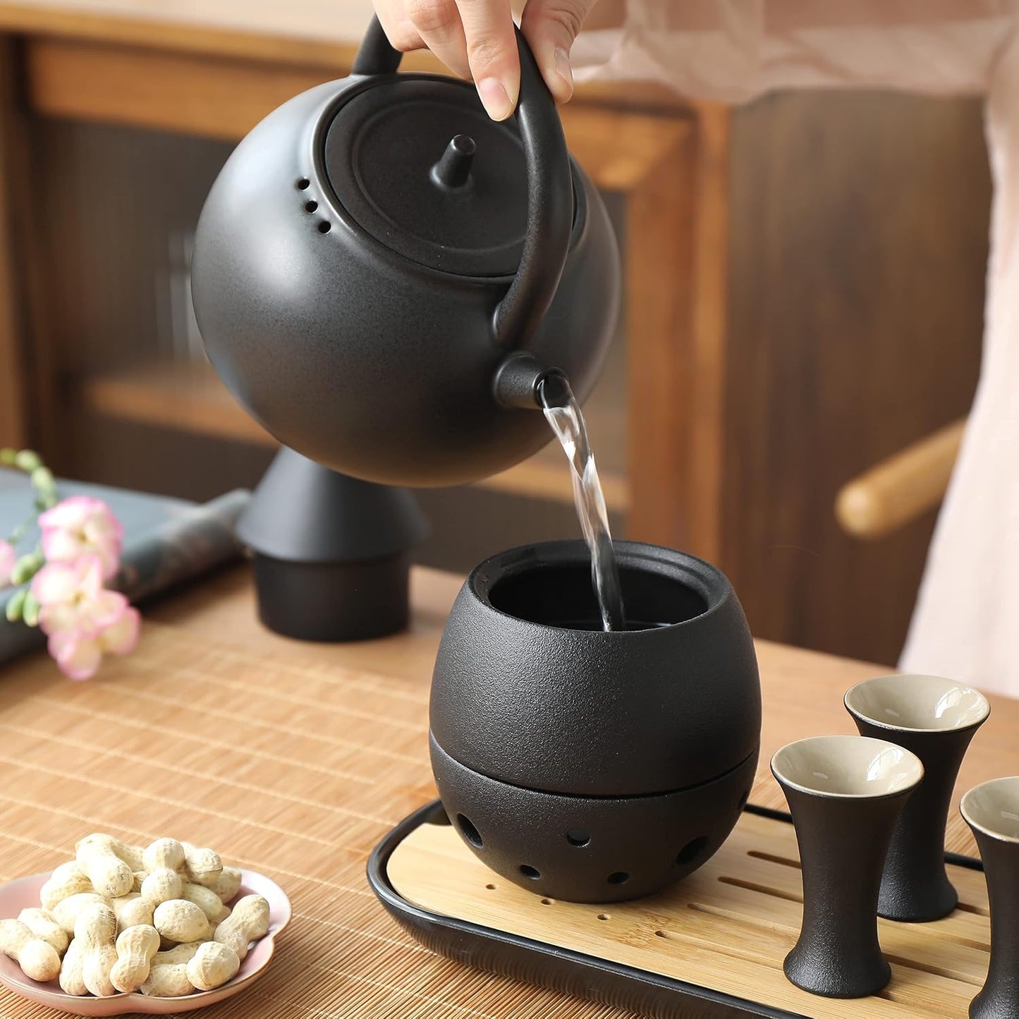 Japanisches Sake Set mit Karaffe und 6 Bechern, Luxuriöse Ledertasche Schwarze Frosted Finishing-ledertasche