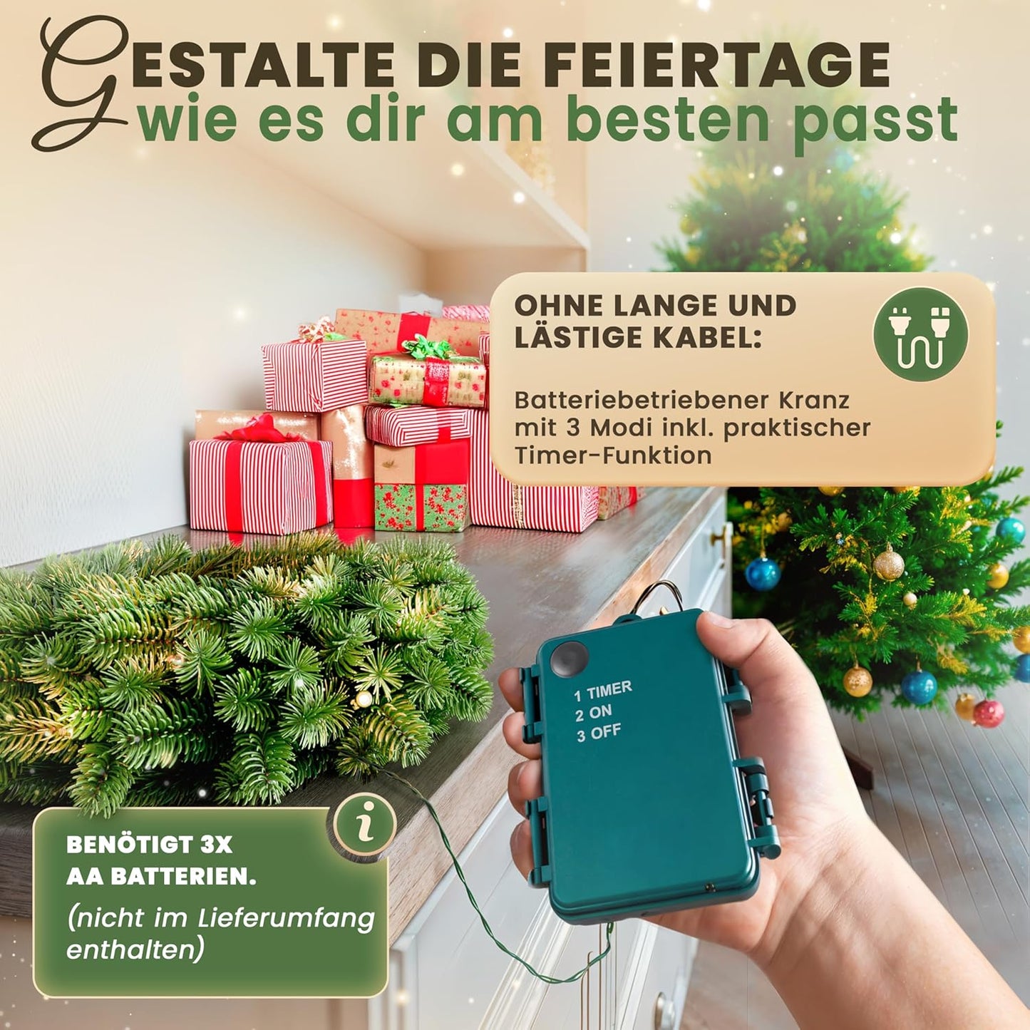 Beleuchteter Tür-Weihnachtskranz mit LED (60 cm), mit Beleuchtung 60 cm