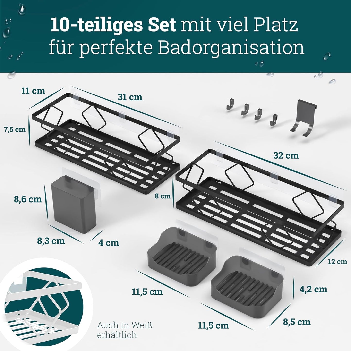 10-teiliges Duschablage-Set ohne Bohren, Set | Schwarz