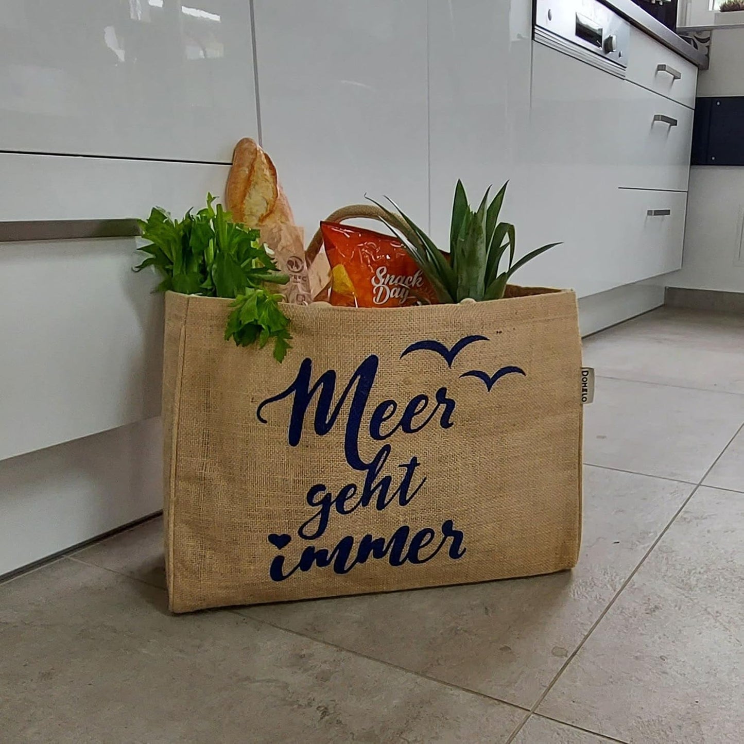Vegane Jutetasche Shopper 24L mit Reissverschlussfach, Meer Geht Immer