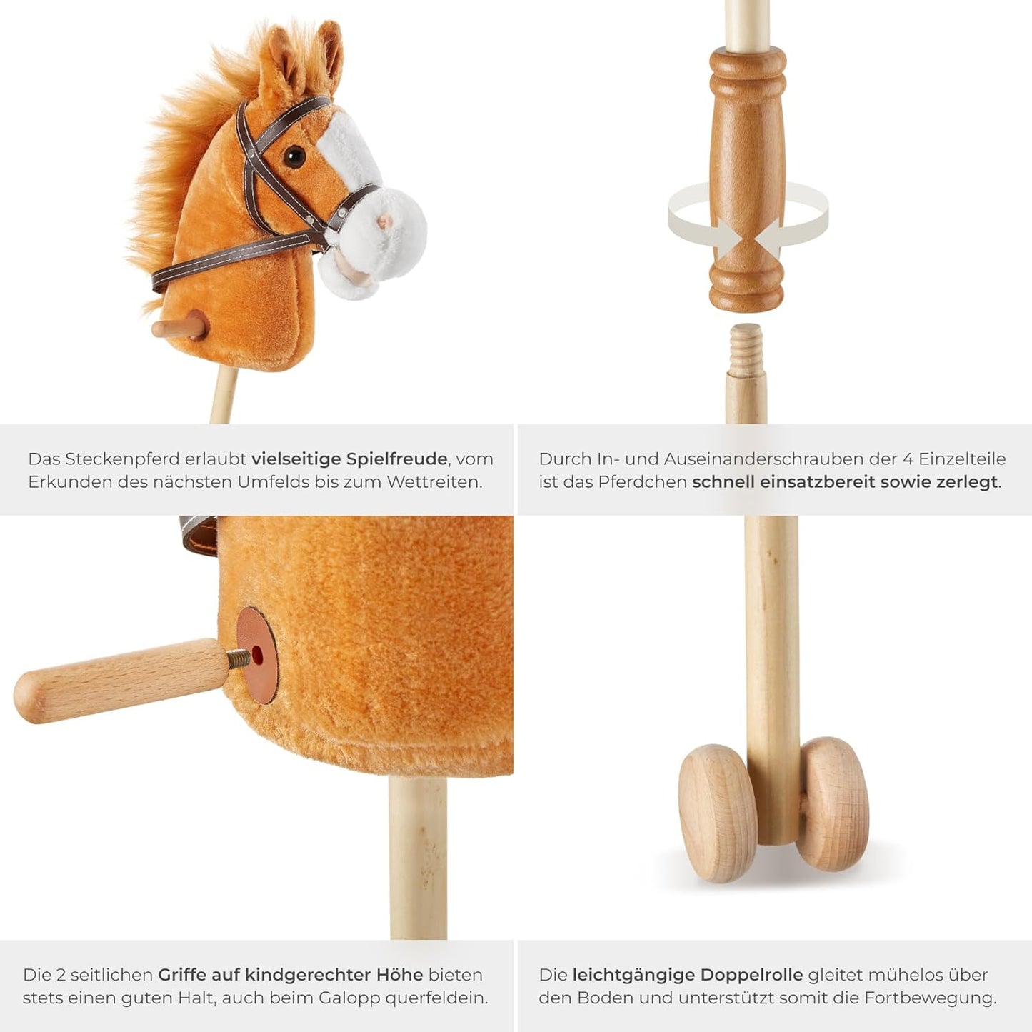 Steckenpferd mit Holzstab und Doppelrolle, Braun