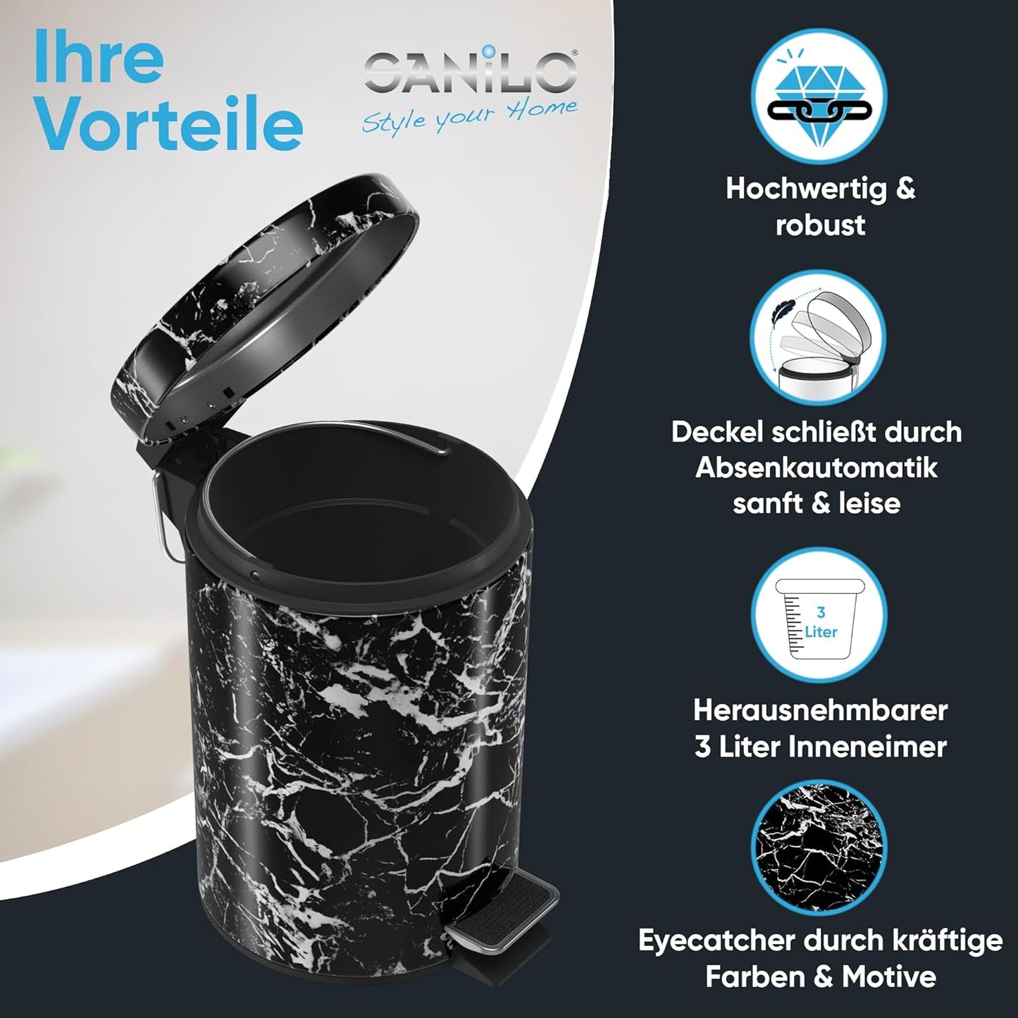 Kosmetikeimer mit Absenkautomatik, Marmor Schwarz