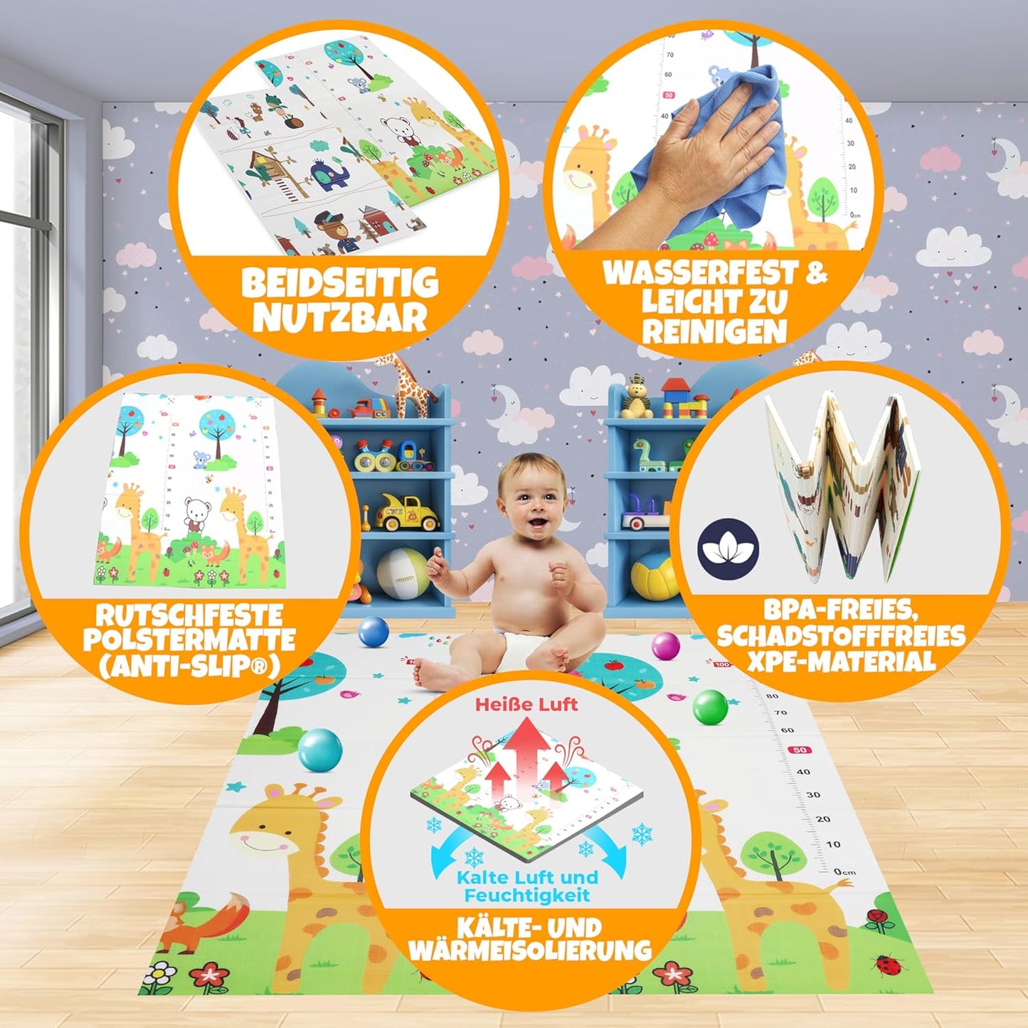 Faltbare Baby Krabbelmatte Giraffe und Bär, 180x120cm, rutschfest, Giraffe und Bär