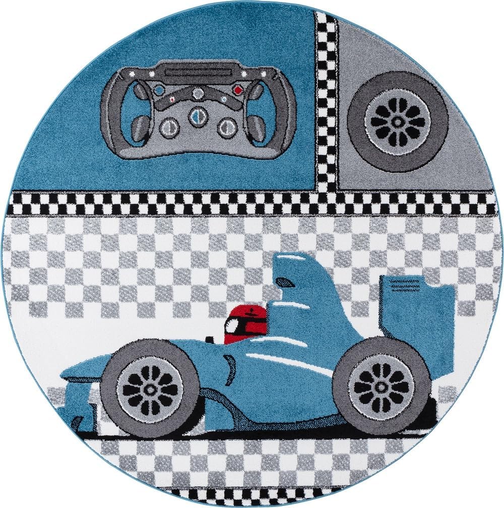 Kinderteppich mit Rennwagen-Muster (120 cm, rund), 120 cm (Rund) Blau-1