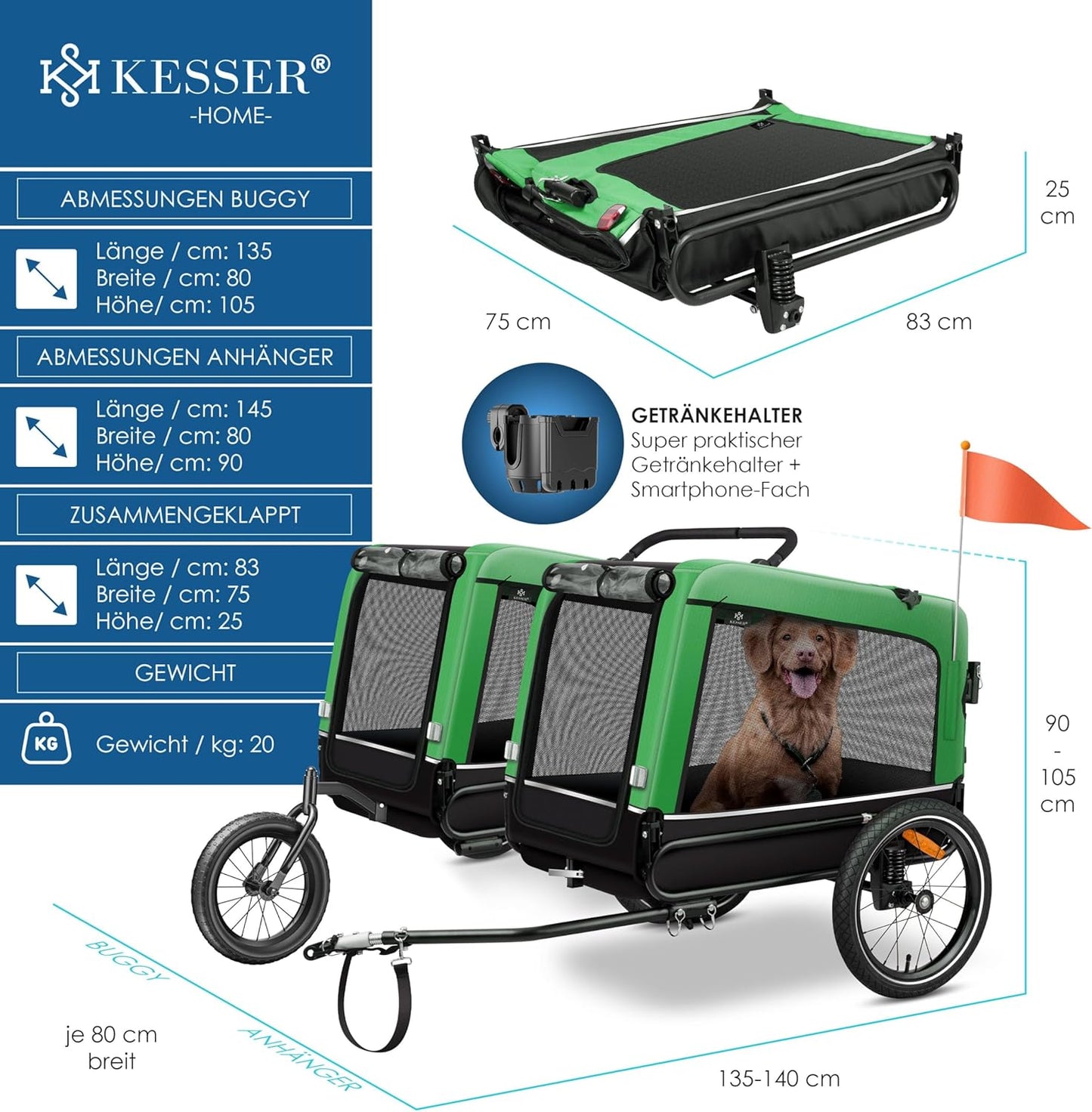 3-in-1 Hundeanhänger, Hundebuggy & Buggy, 40 kg belastbar, Grün