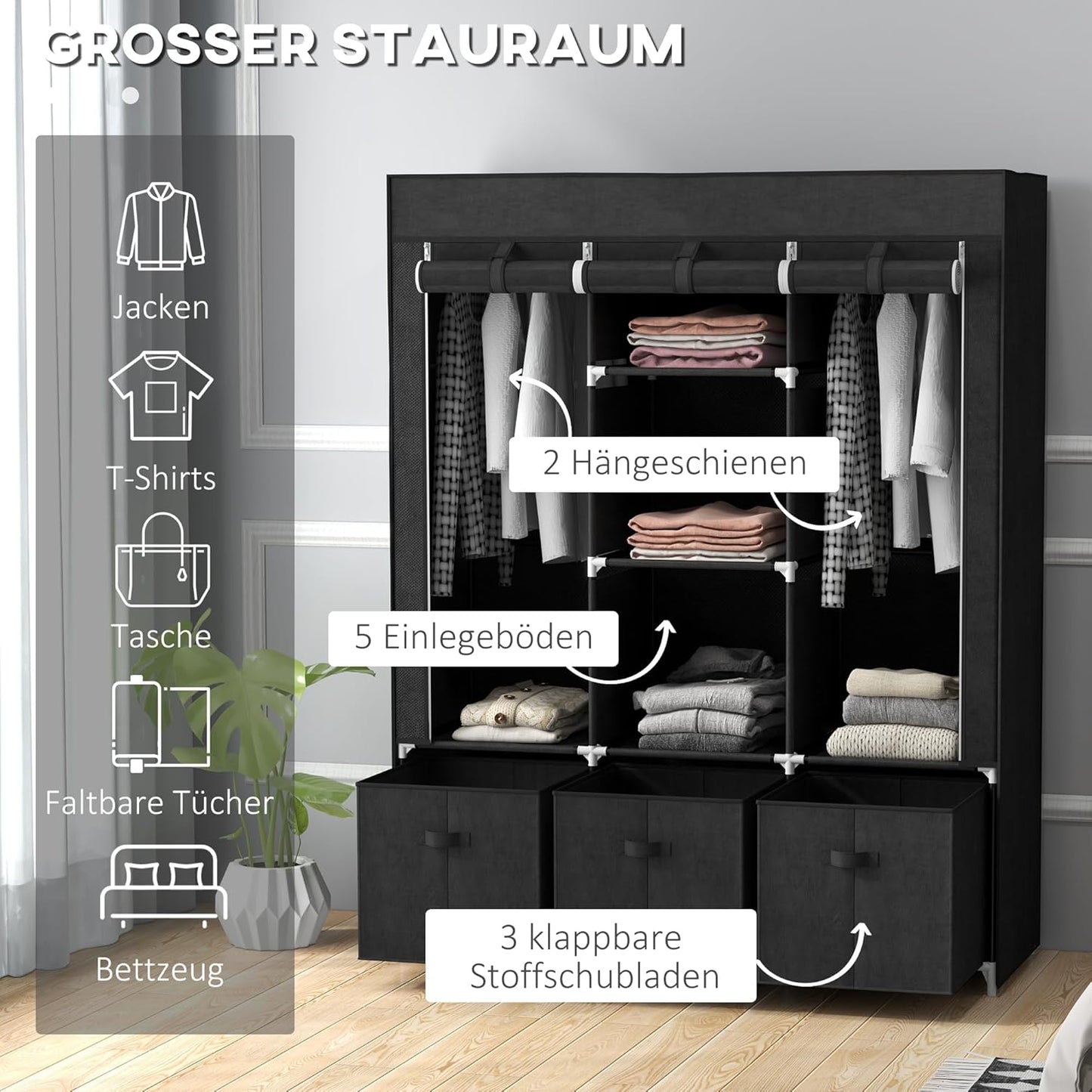 Faltschrank mit Kleiderstange und Schubladen, Schwarz