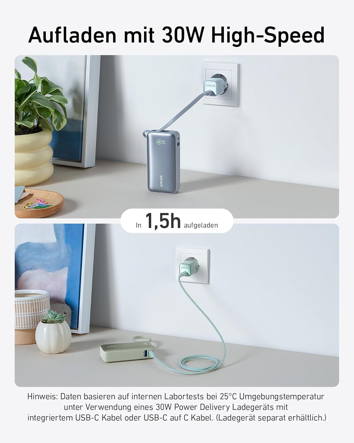 Nano Powerbank mit integriertem USB-C-Kabel, Flieder