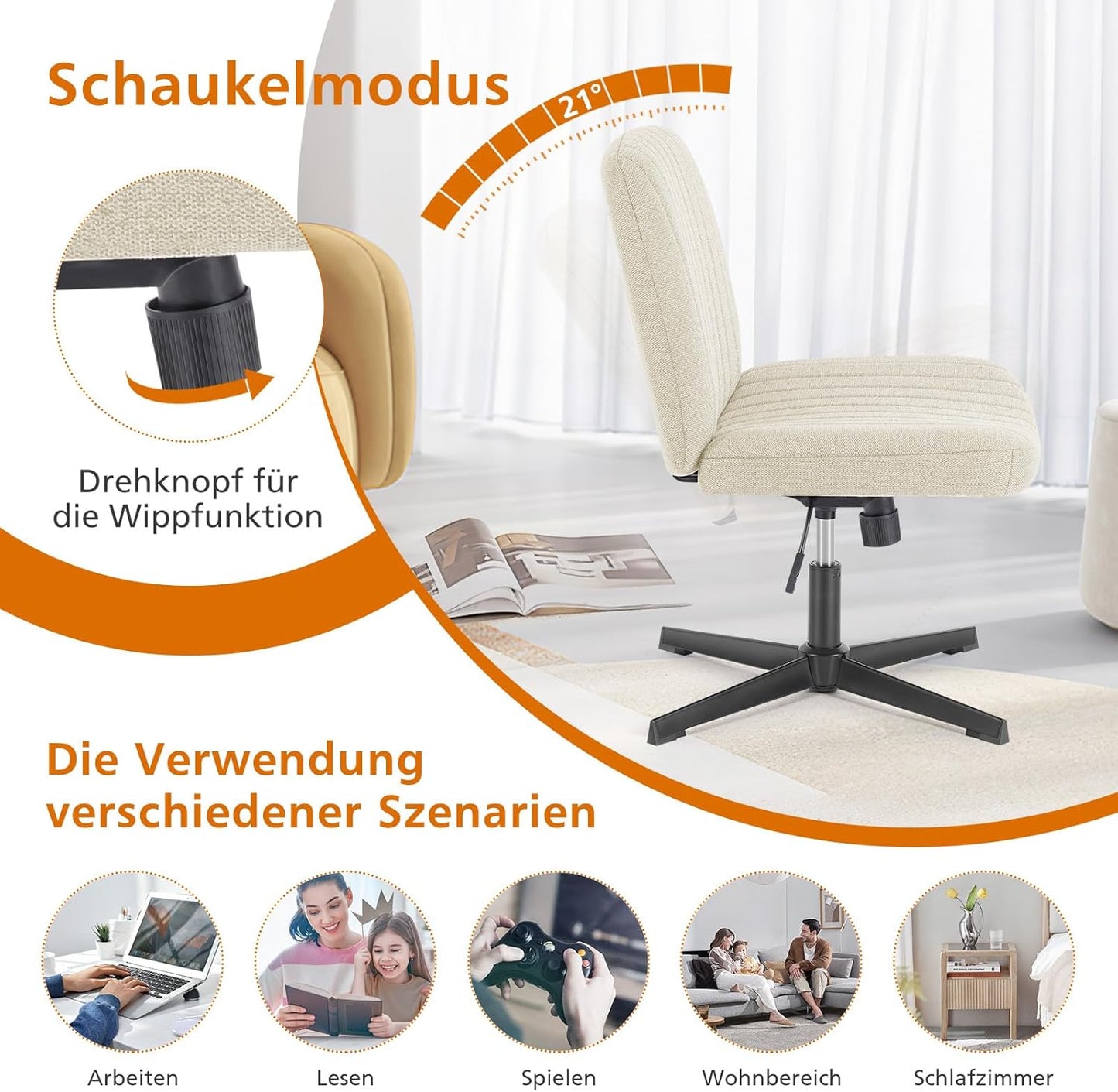 Höhenverstellbarer Bürostuhl, Beige Fabric