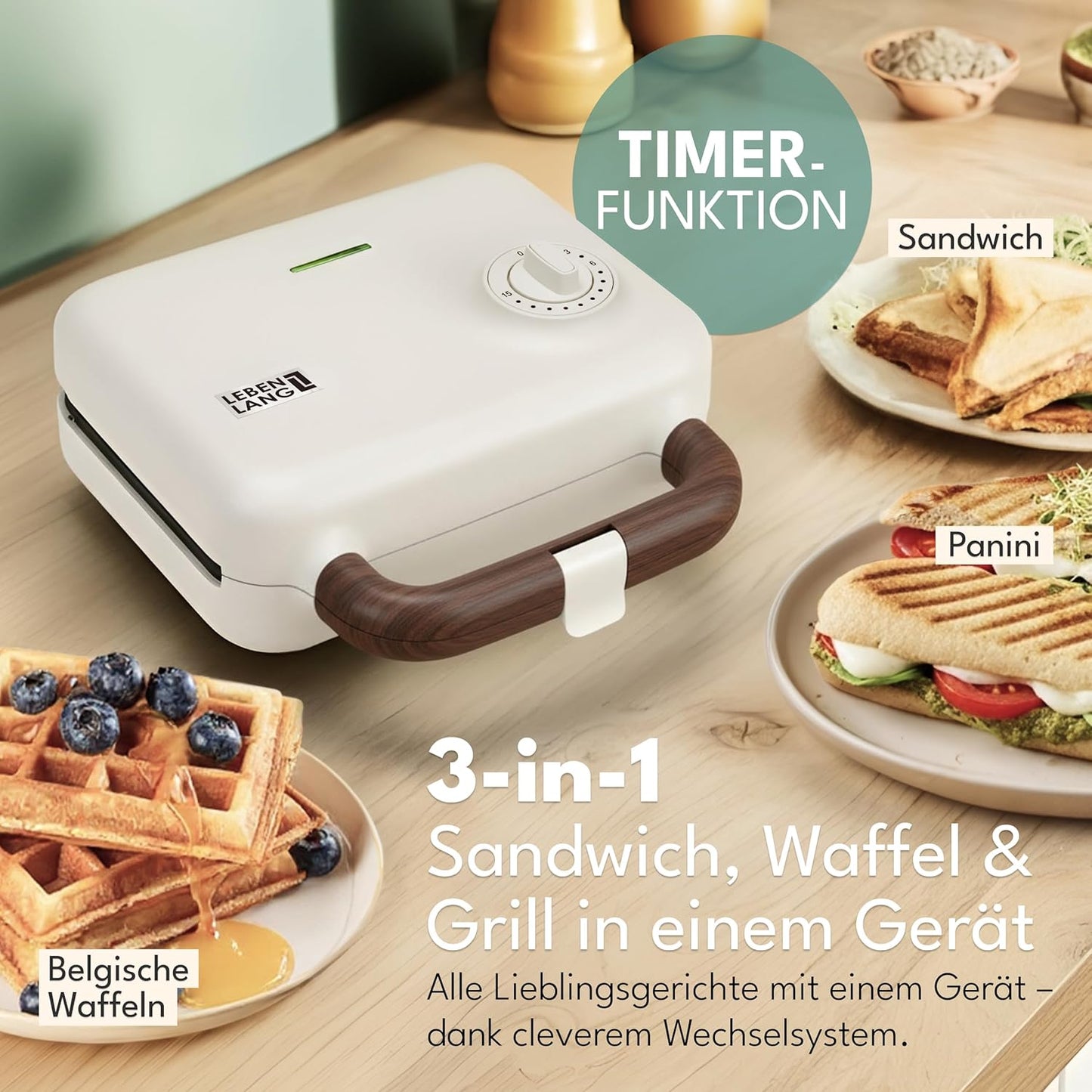Sandwichmaker 3-in-1 mit Grill- und Waffeleinsätzen, Weiss - 750w