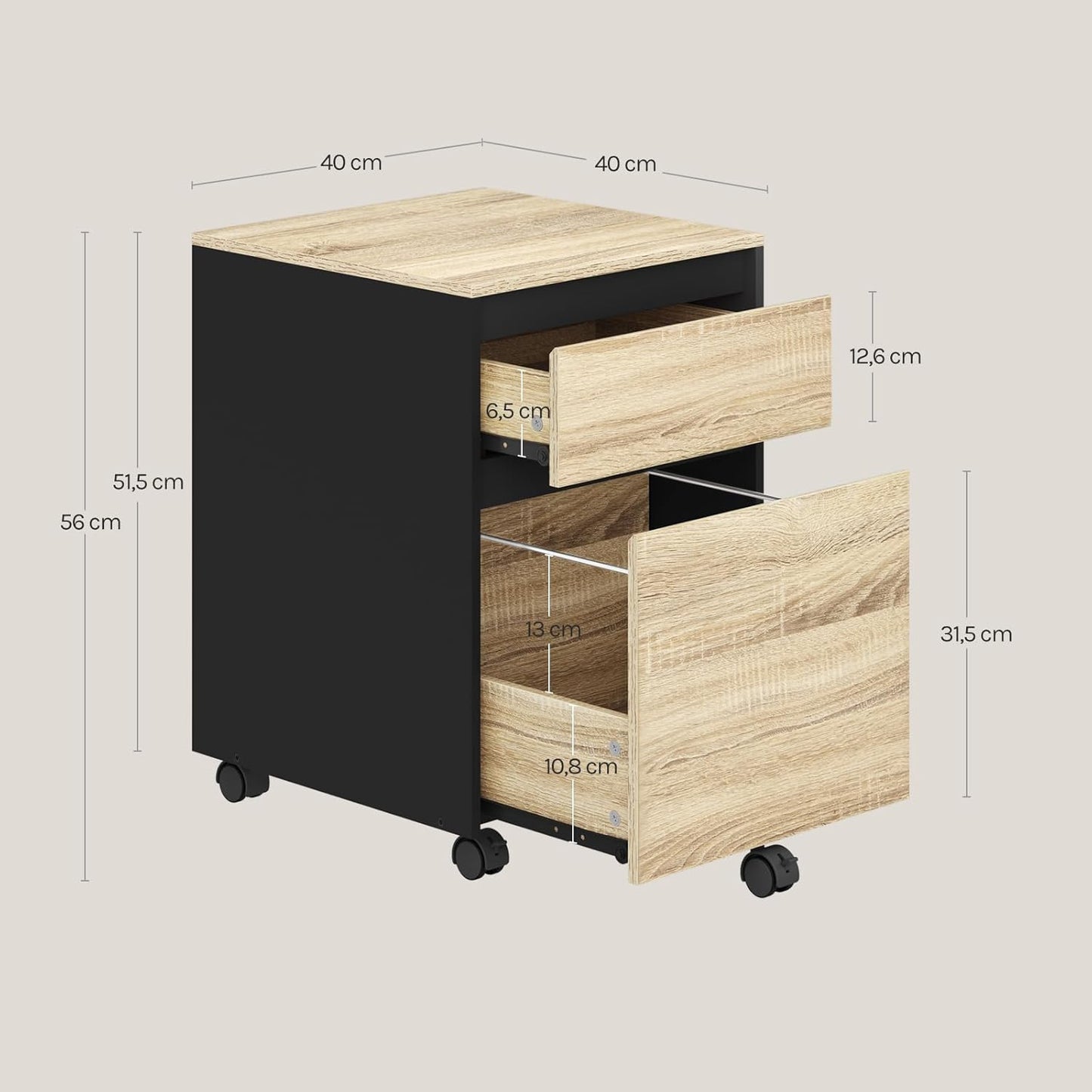 Rollcontainer mit 2 Schubladen, Hell Eiche
