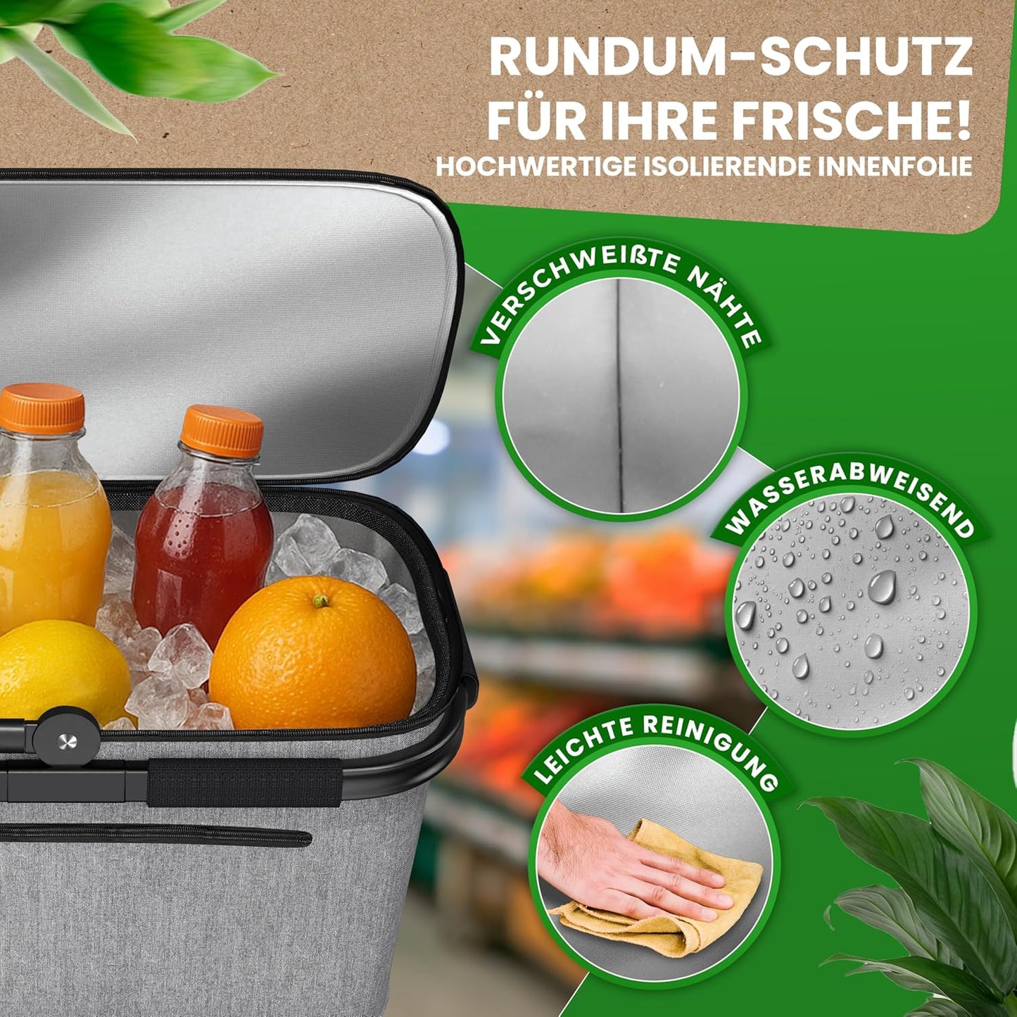 Thermo Einkaufskorb Kühltasche mit Reissverschlussfach, Grau