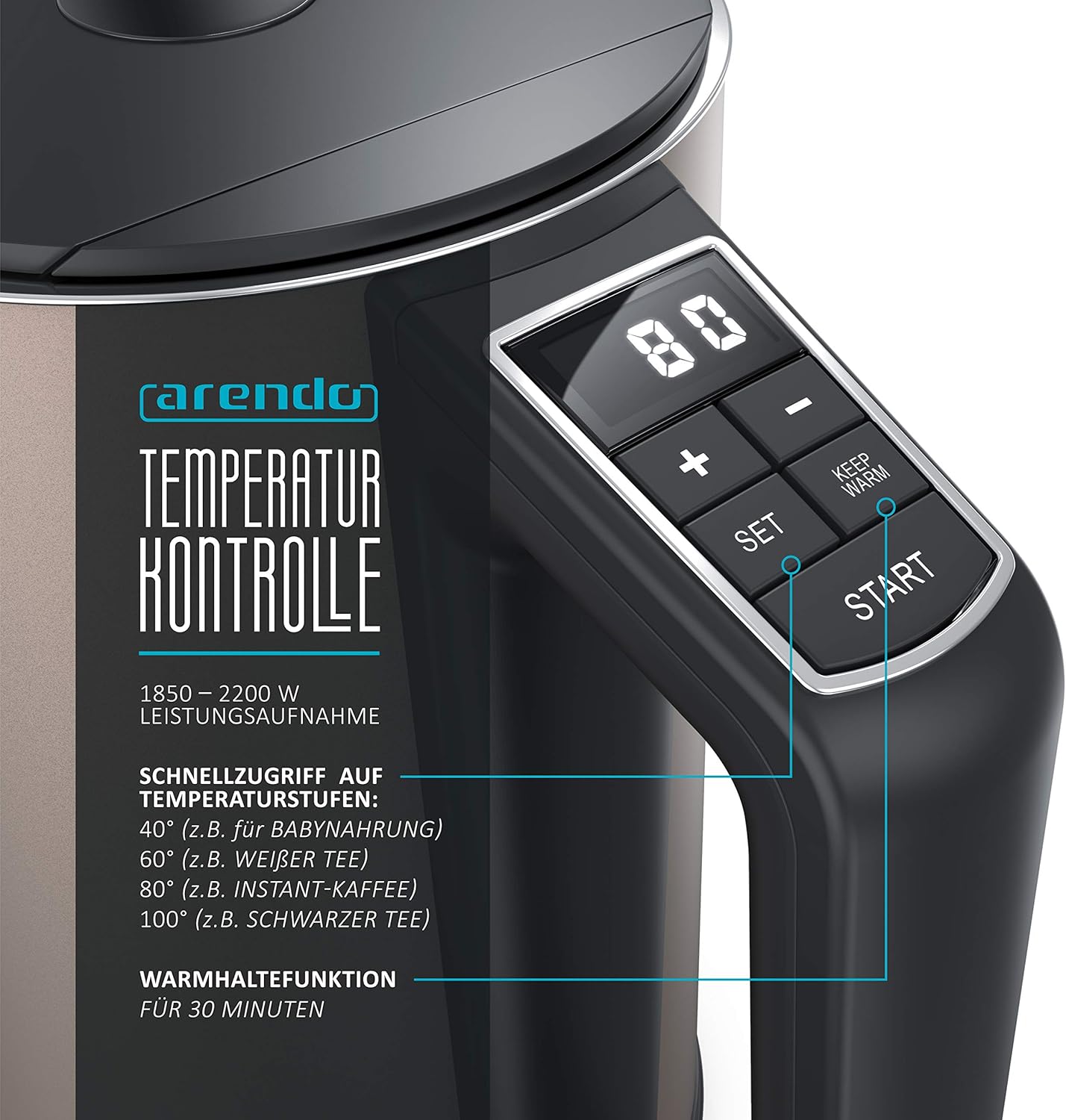 Wasserkocher mit Temperatureinstellung 1,5L, Bronzo ; Single