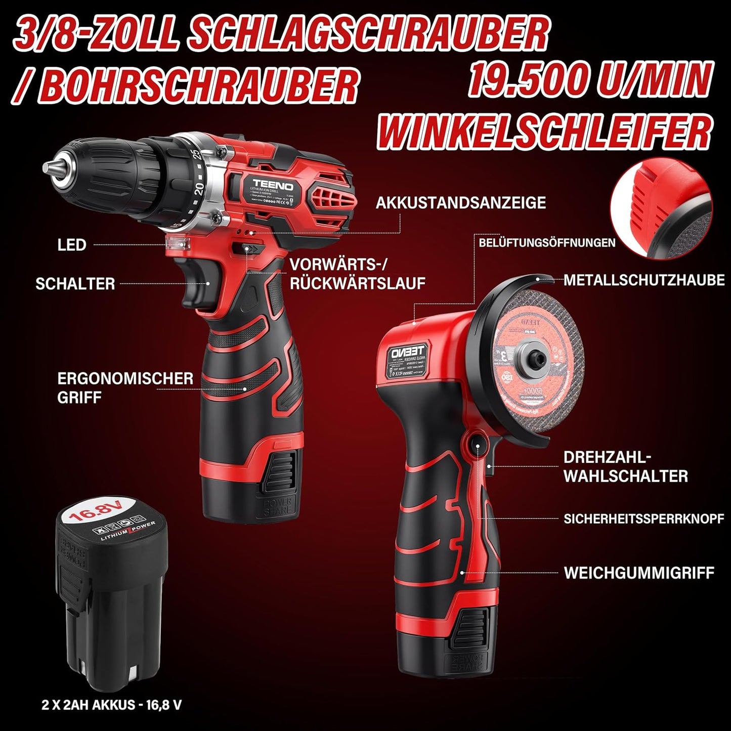 Akku-Schlagbohrschrauber & Winkelschleifer Set, Winkelschleifer+Bohrmaschine