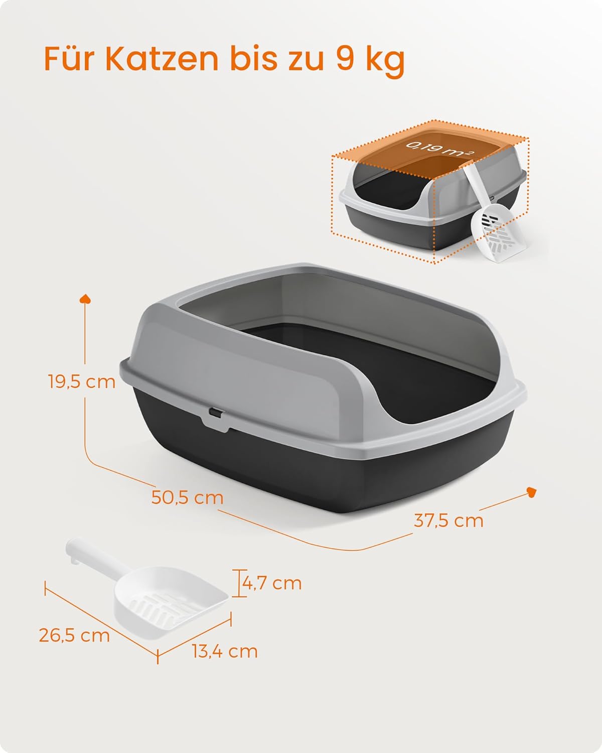 PPT009GN01 Katzentoilette mit hohen Seitenwänden, schiefergrau XL (50,5 x 37,5 x 19,5 cm) offen