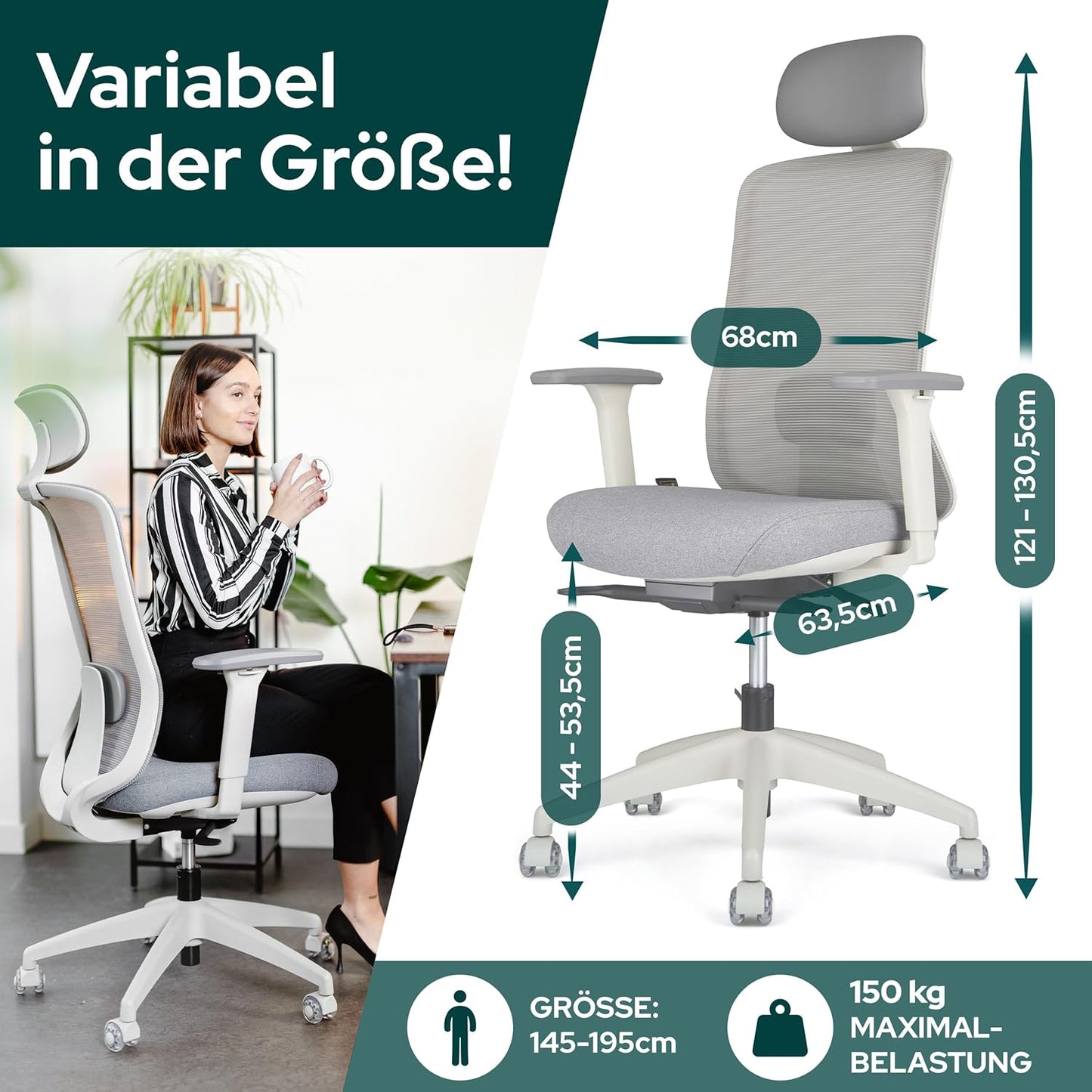 Ergonomischer Bürostuhl mit Armlehnen, Mit Kopfstütze / Hellgrau/ Grau