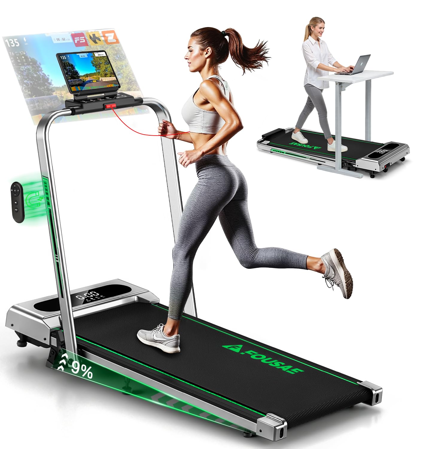 5 in 1 Klappbares Laufband mit Steigung und App-Steuerung, Silber-grün