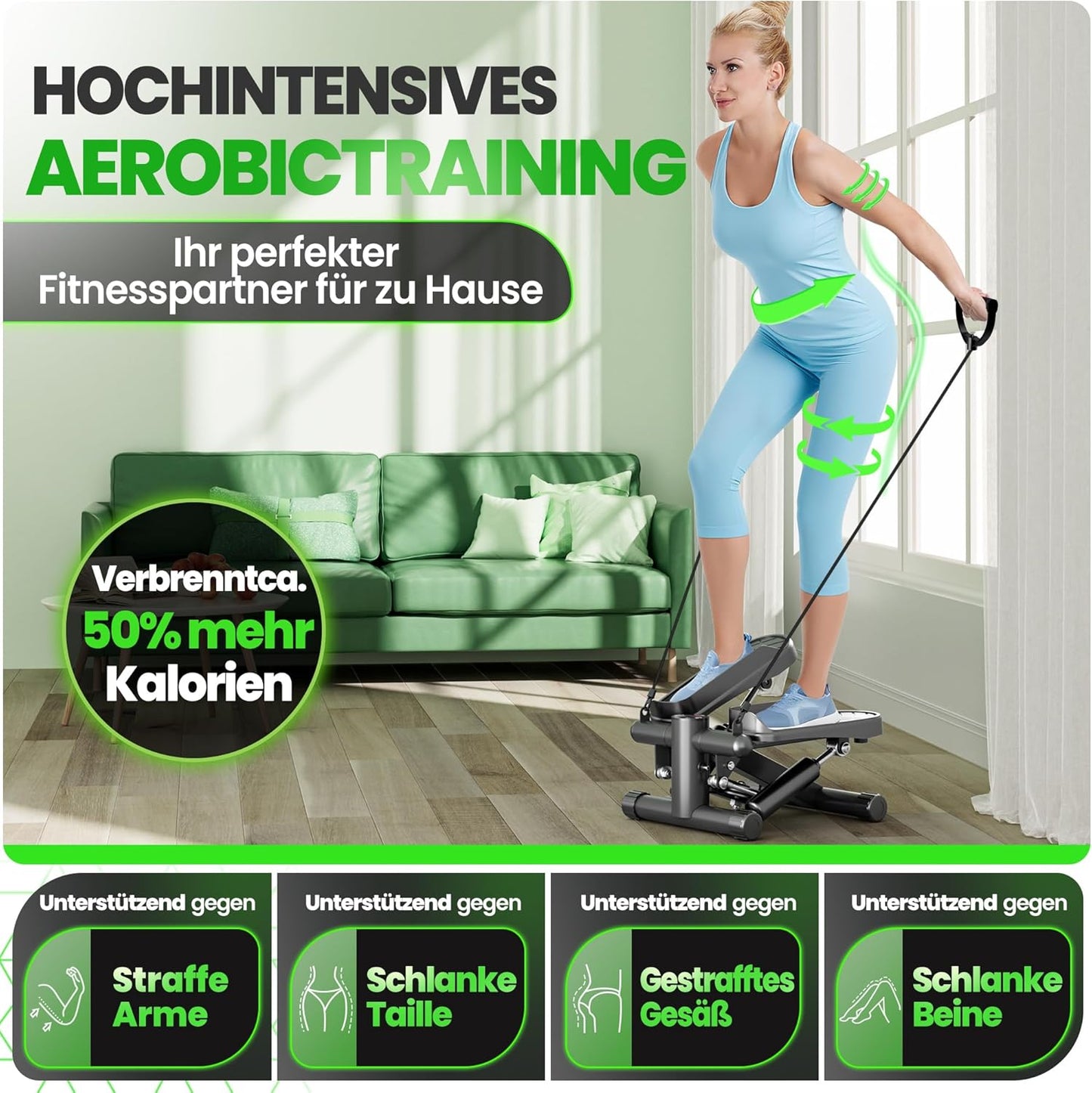 2-in-1 Mini Stepper mit Power Ropes und Display, Mini-Auf-/Ab-Schrittmotor