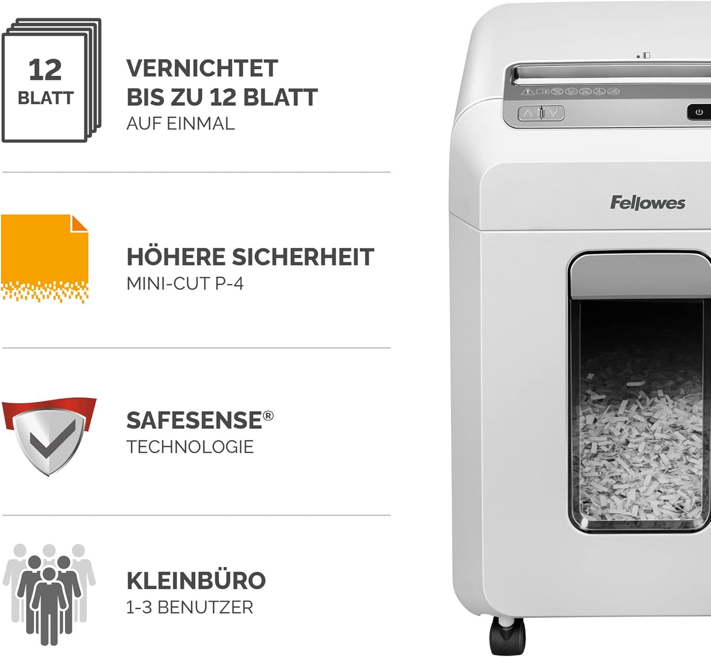 Aktenvernichter 12Ms, Single 12MS – 12 Blatt – Mini Cut – 23 Liter Papierkorb, 23-Liter-Auffangbehälter, Weiss