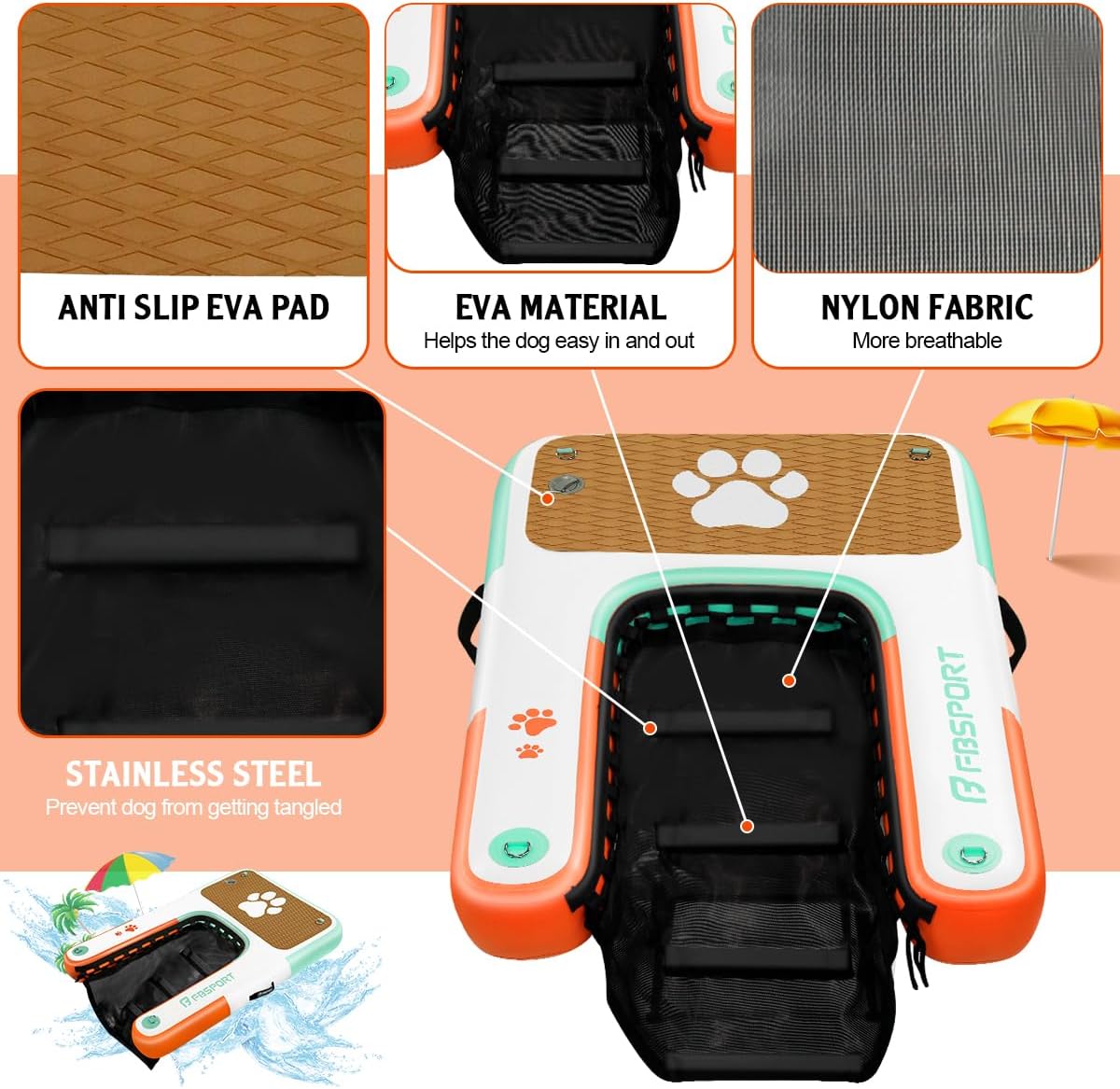 Aufblasbare Hunde-Wasserrampe bis 100 kg, 150x100x15cm Orange