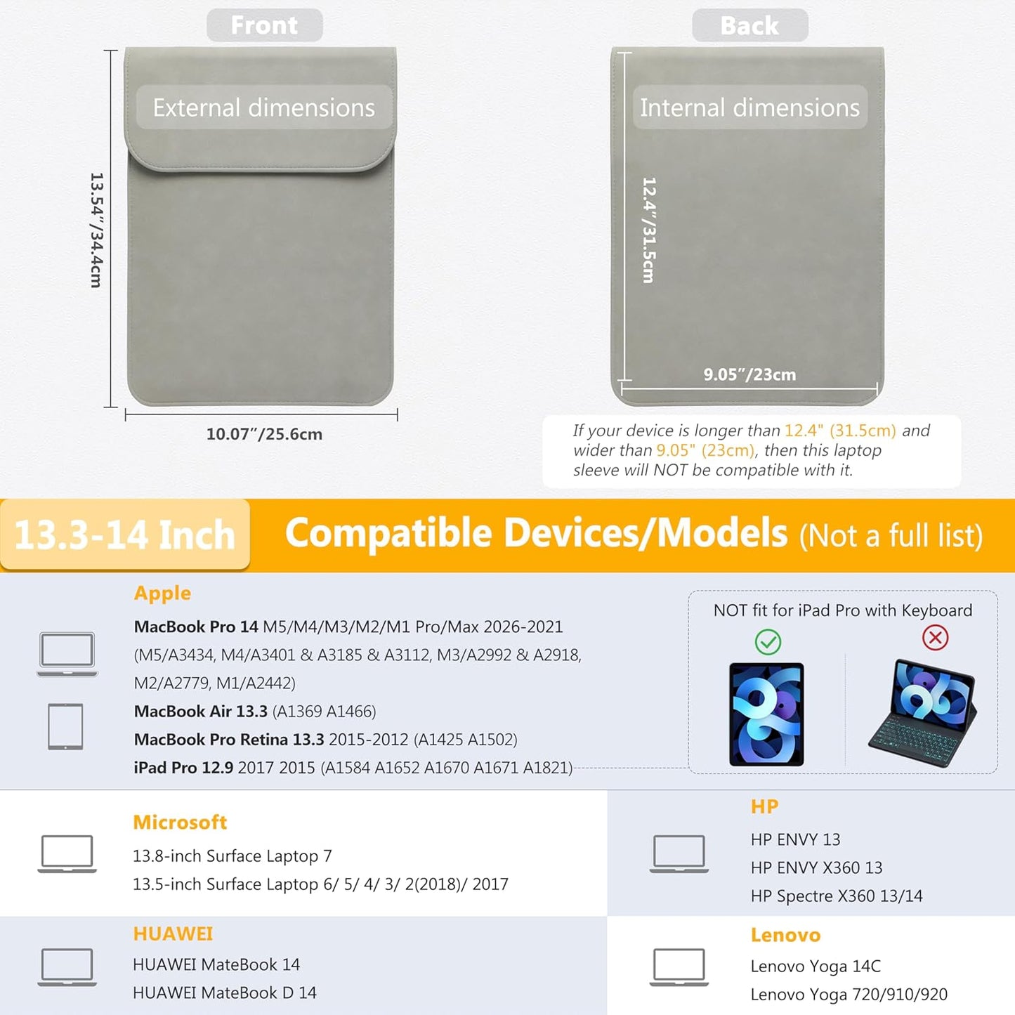 Laptophülle 13,3-14 Zoll für MacBook/Surface/HP, 13,3-14 Zoll Hellgrau