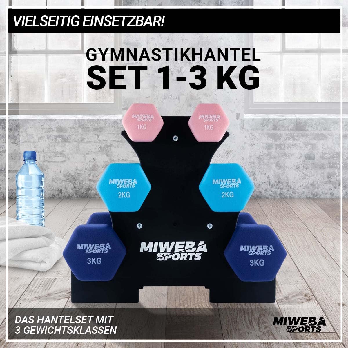6-teiliges Hantelset inkl. Ständer, Rosa/Türkis/Königsblau