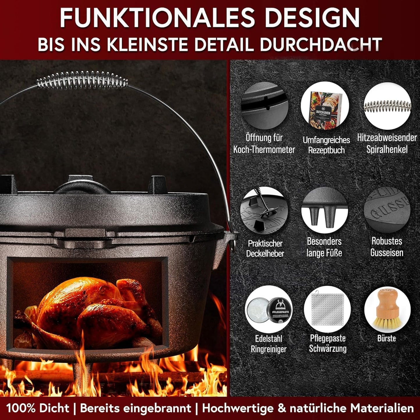 Dutch Oven Set, Topf mit Fuss+Bürste 7 Liter