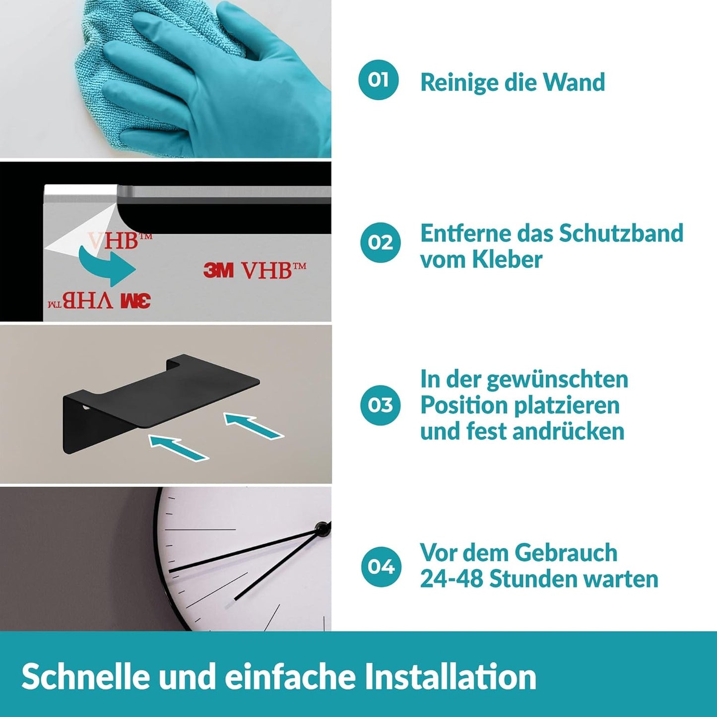 Selbstklebende Badablage, 14 cm Schwarz